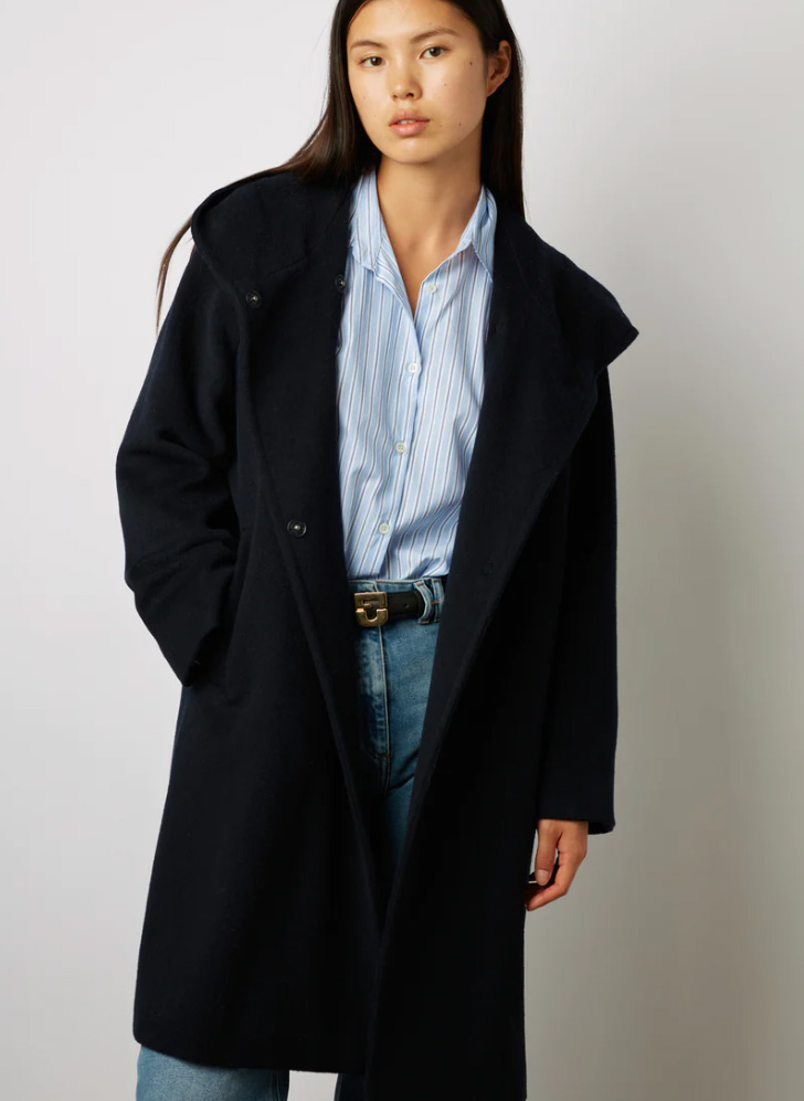 Manteau col ch le en laine m lang e Bleu