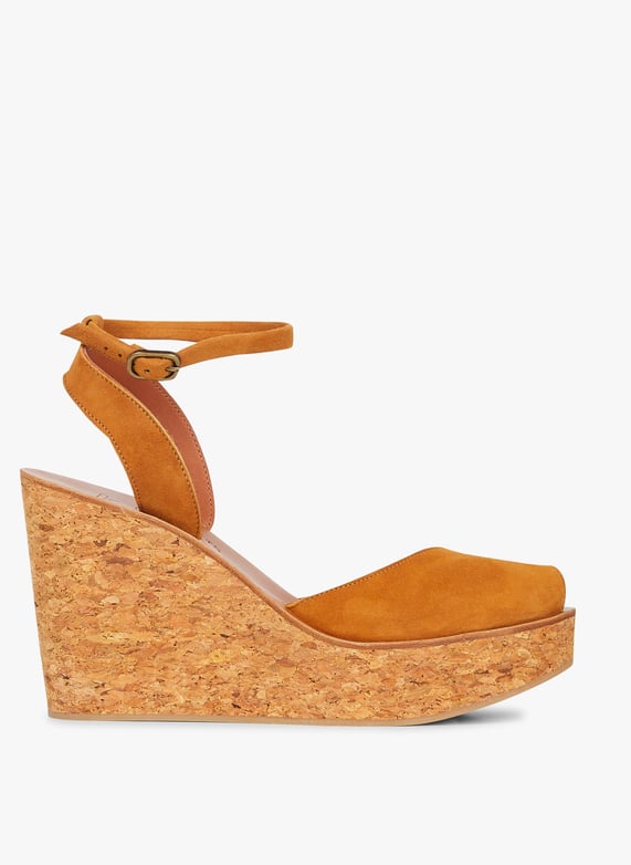 Sandales compensees ouvertes en cuir velours Marron