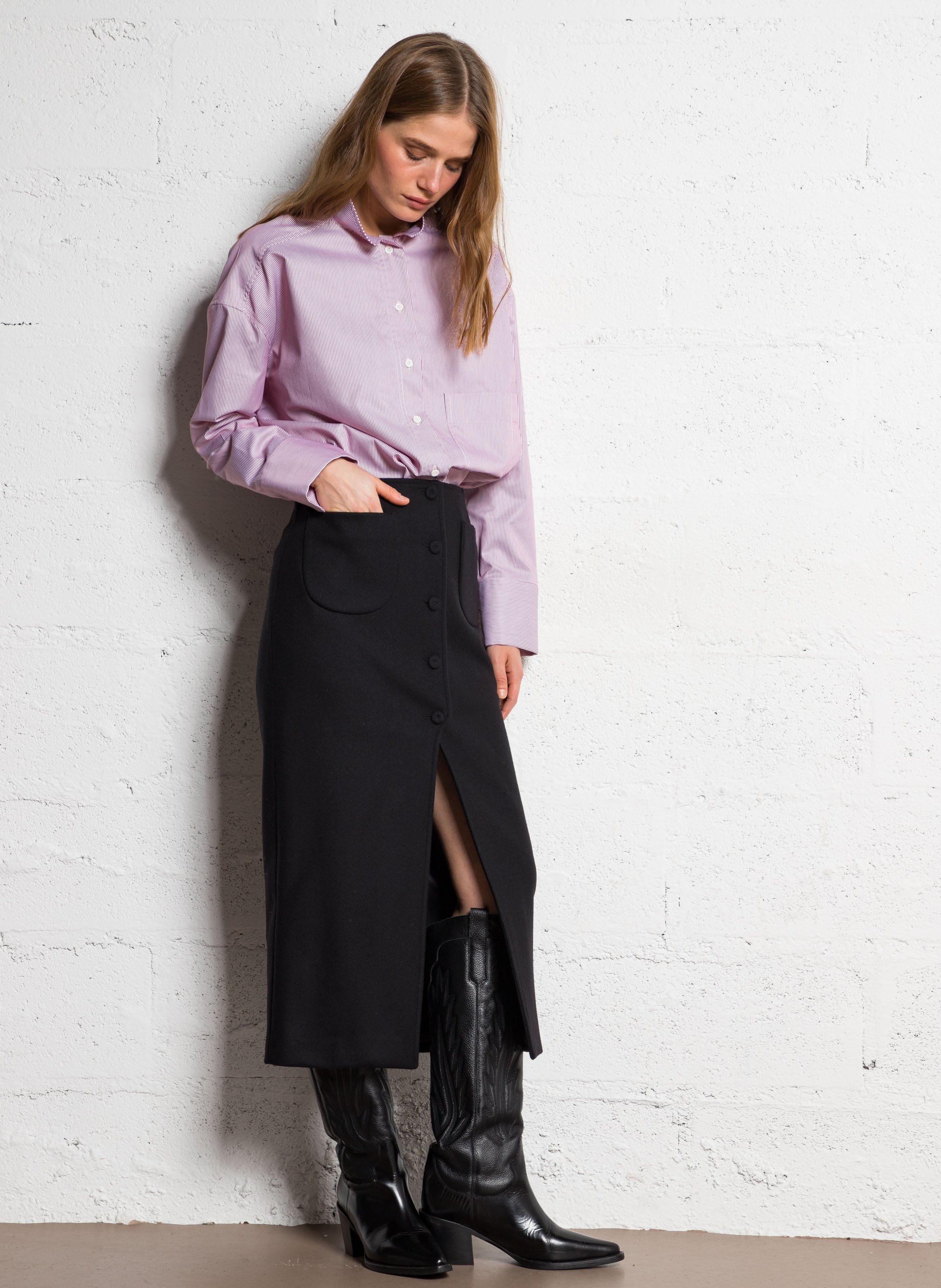 Jupe crayon en laine vierge mélangée MARGAUX LONNBERG Noir