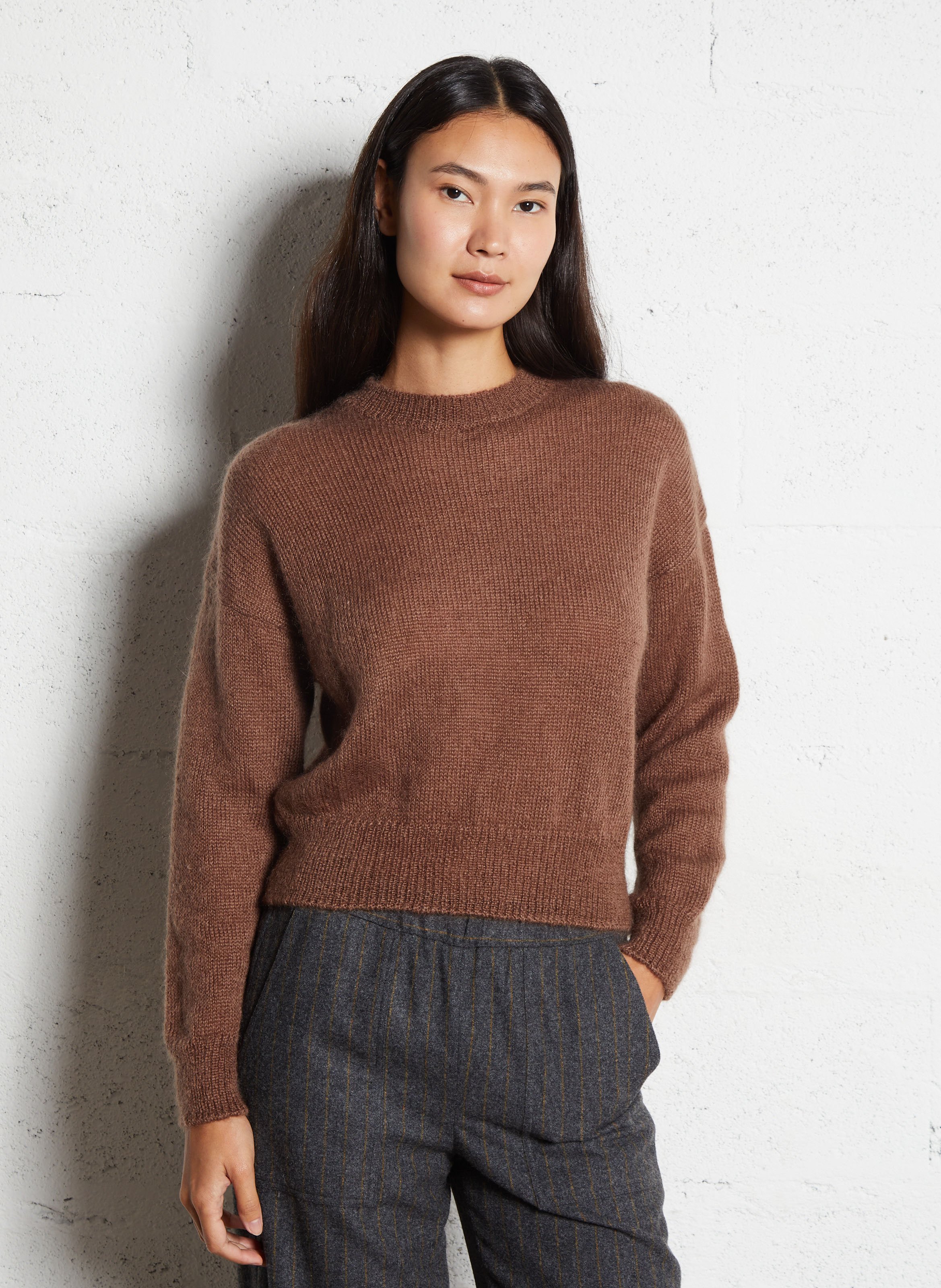 Pull droit col rond en mohair mélangé MASSCOB Marron