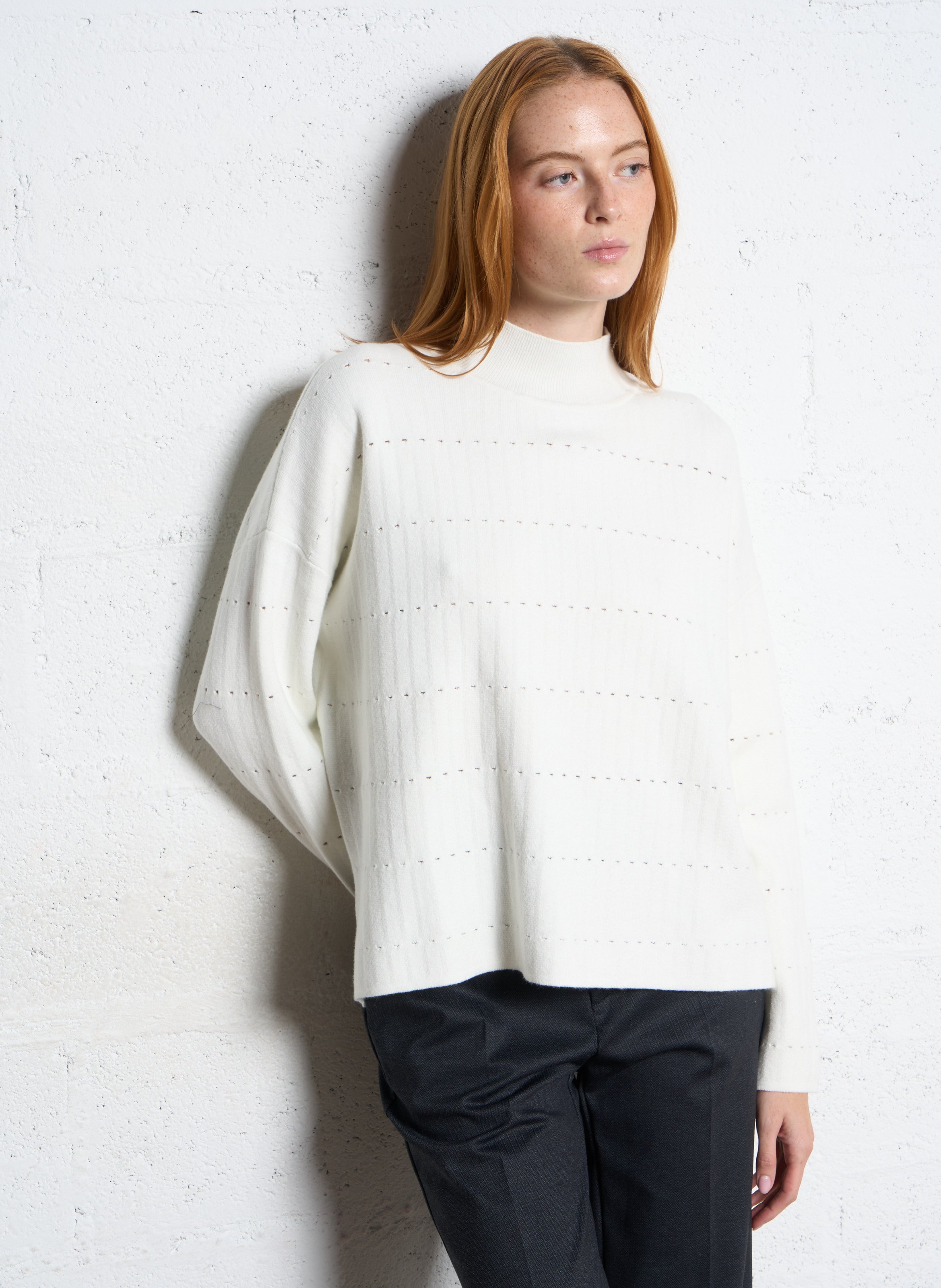 Loose-fit high-neck cotton-blend sweater IKKS White