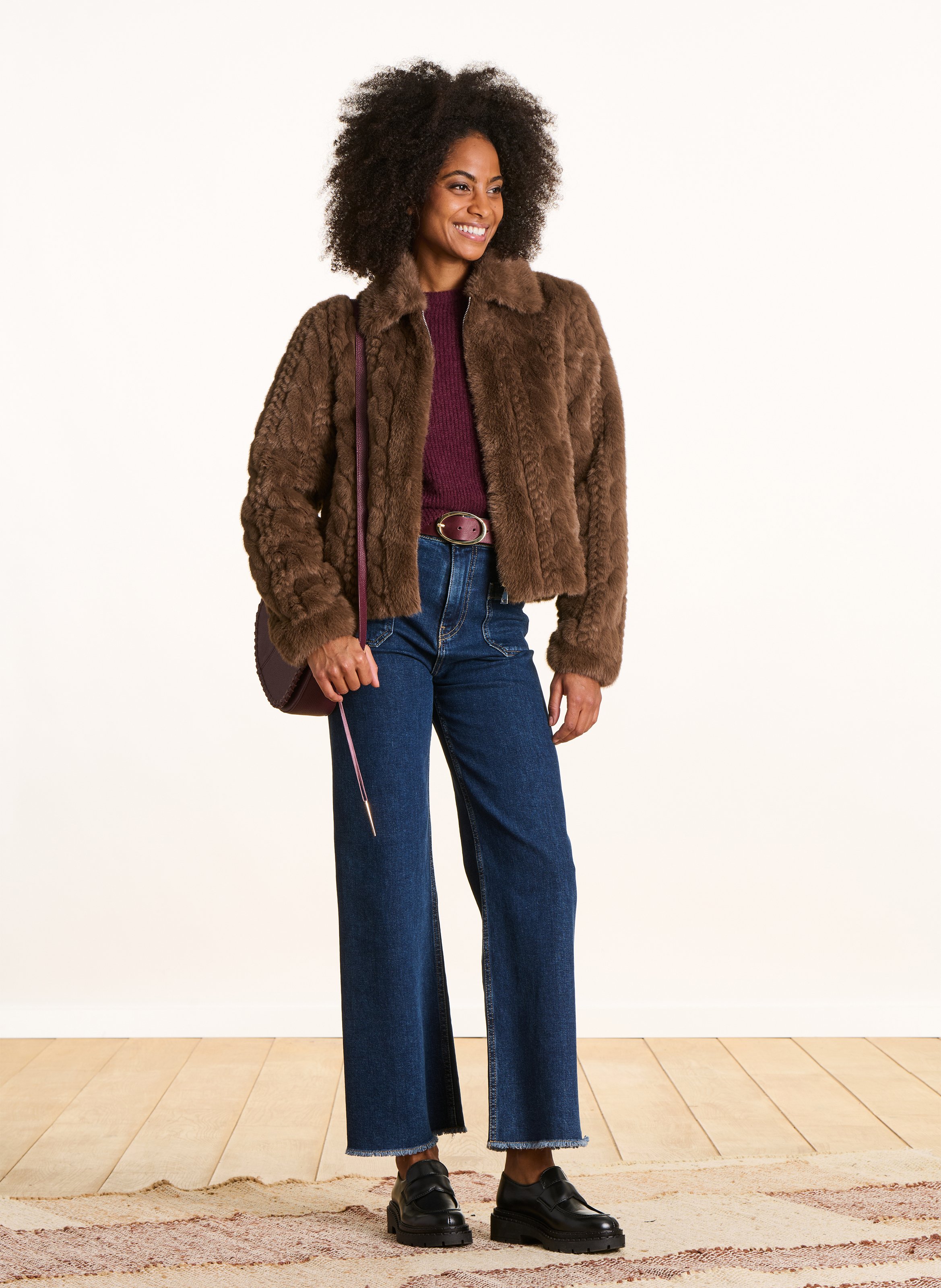 Faux fur jacket with classic collar LA FEE MARABOUTEE Brown