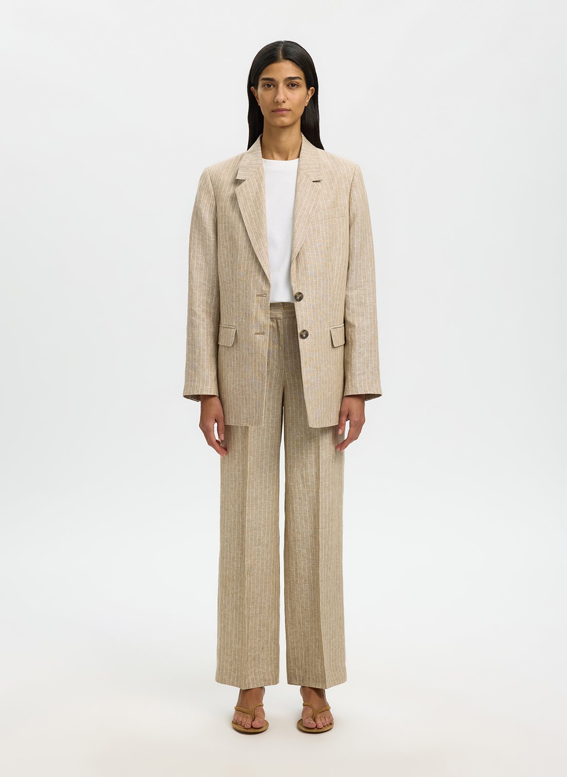 Pantalon droit en lin rayé SELECTED Gris