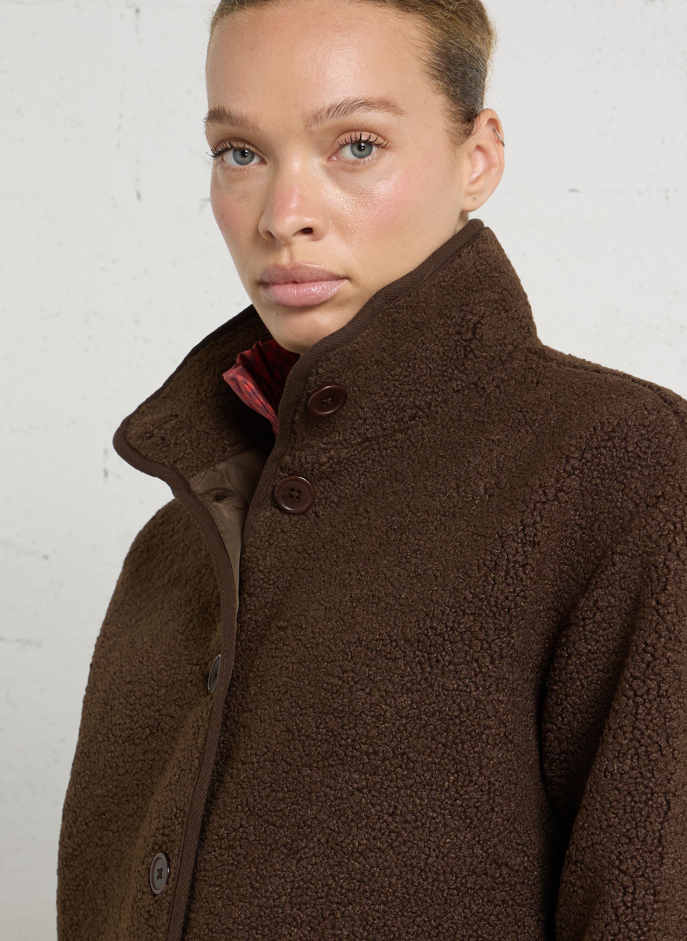 Straight jacket with high collar in bouclé wool JC SOPHIE Brown
