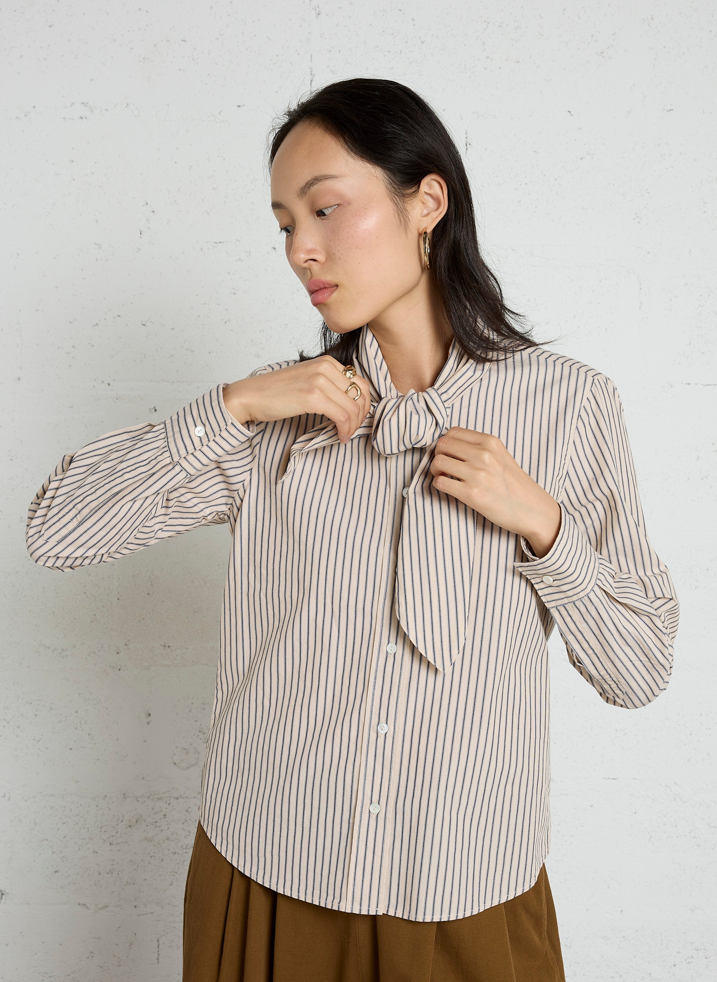 Chemise droite col lavallière rayée en coton bio DIEGA Beige