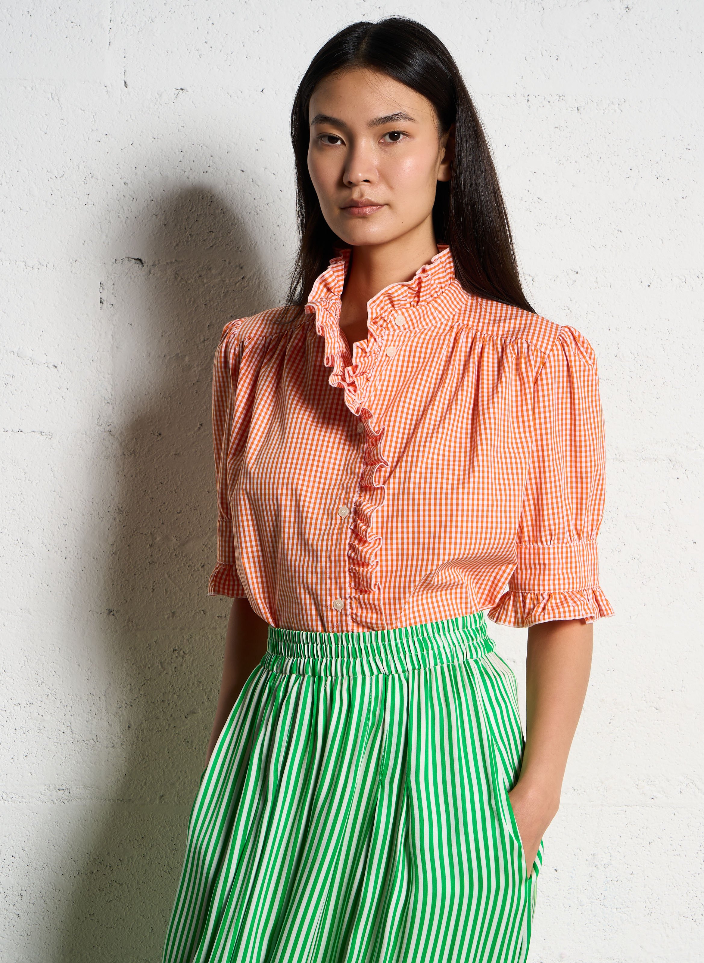 Geruite katoenen popeline top met rechte pasvorm SUZIE WINKLE Oranje