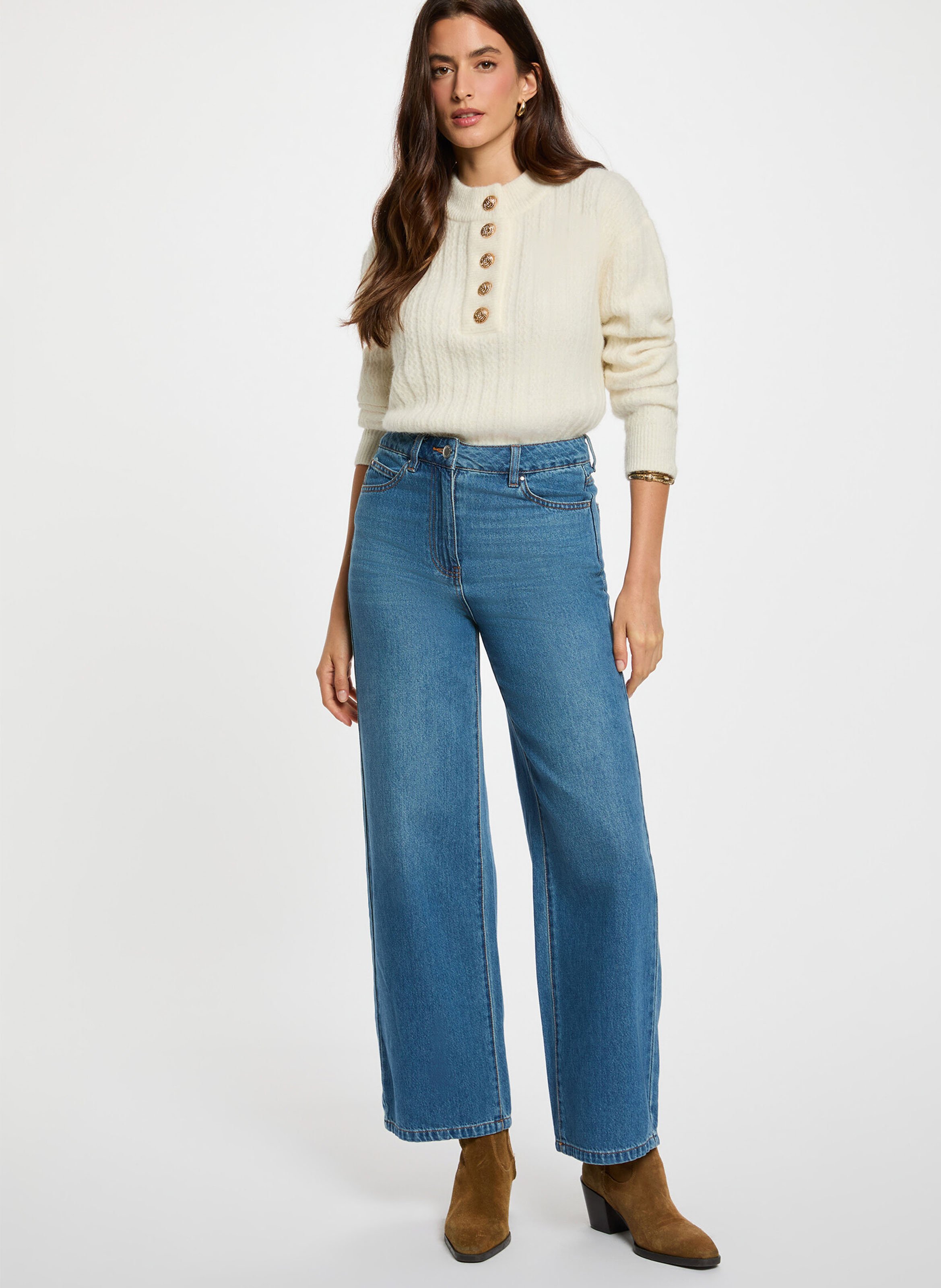 Pull boutonné en maille tressée MORGAN Beige