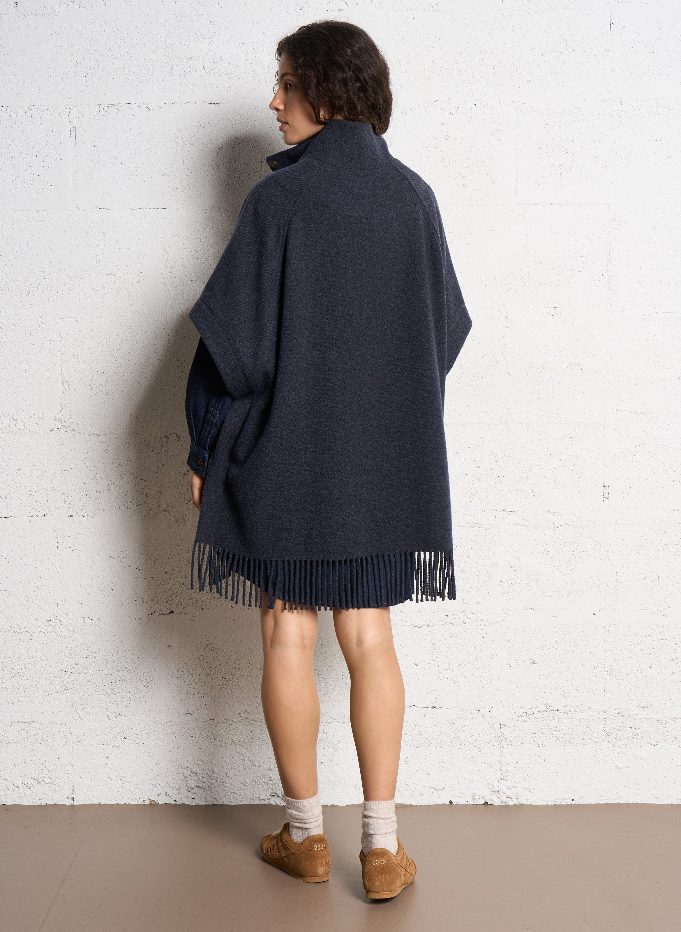 Oversized solid cape with fringes in blended wool MAISON 123 Grey