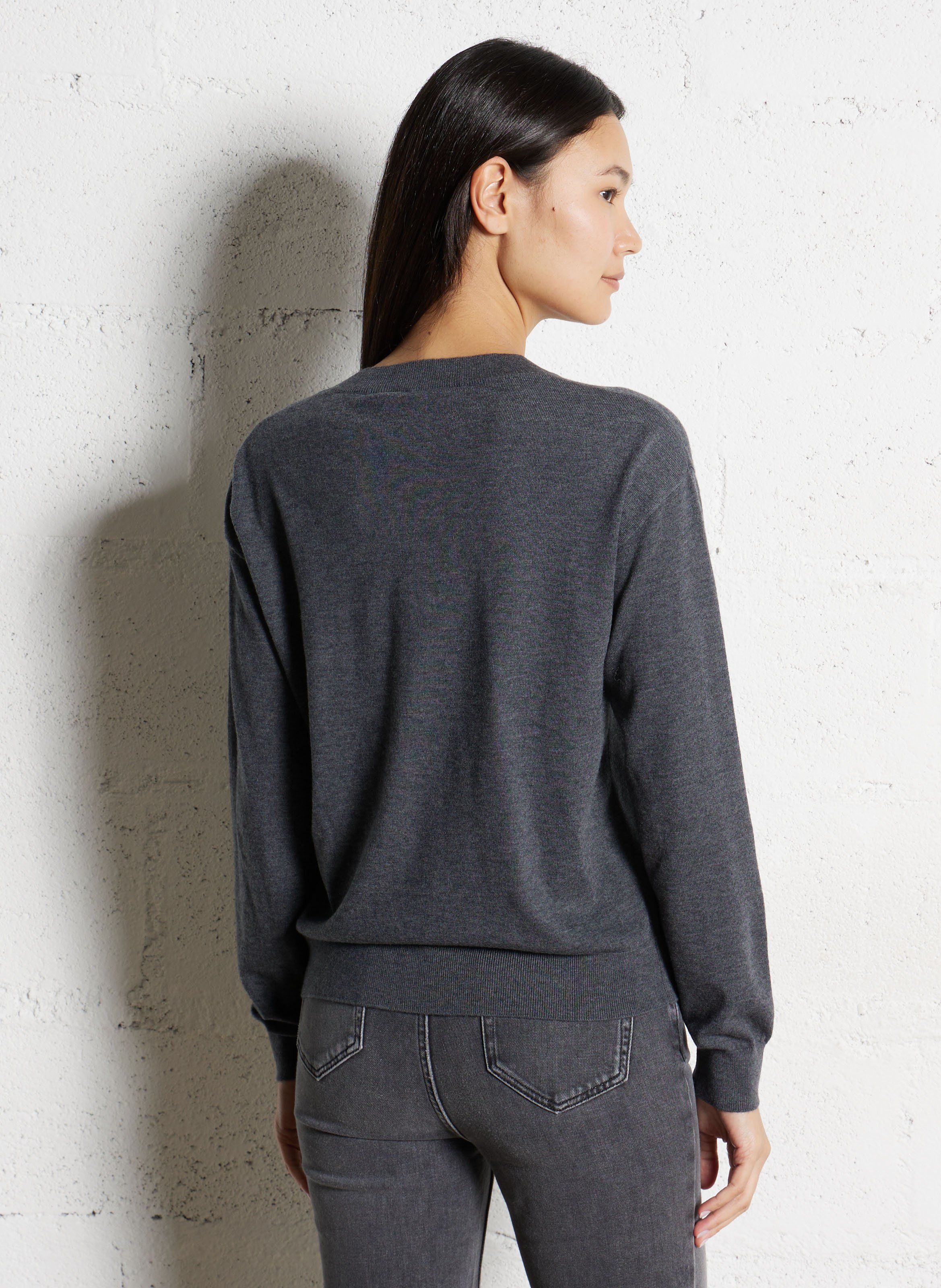 Pull droit col V en maille mélangée MAISON 123 Gris