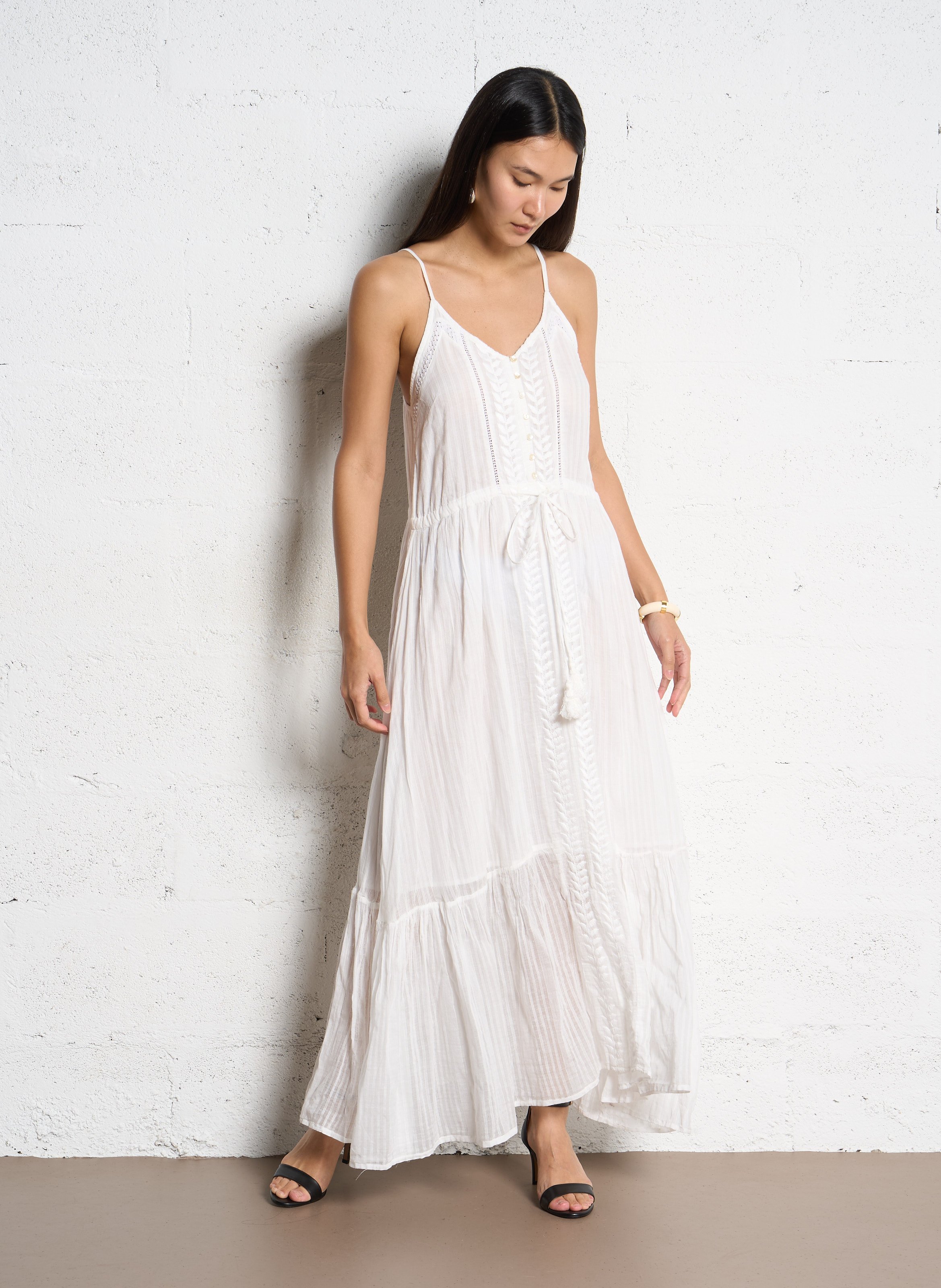 Robe longue col V en coton SUNCOO Blanc