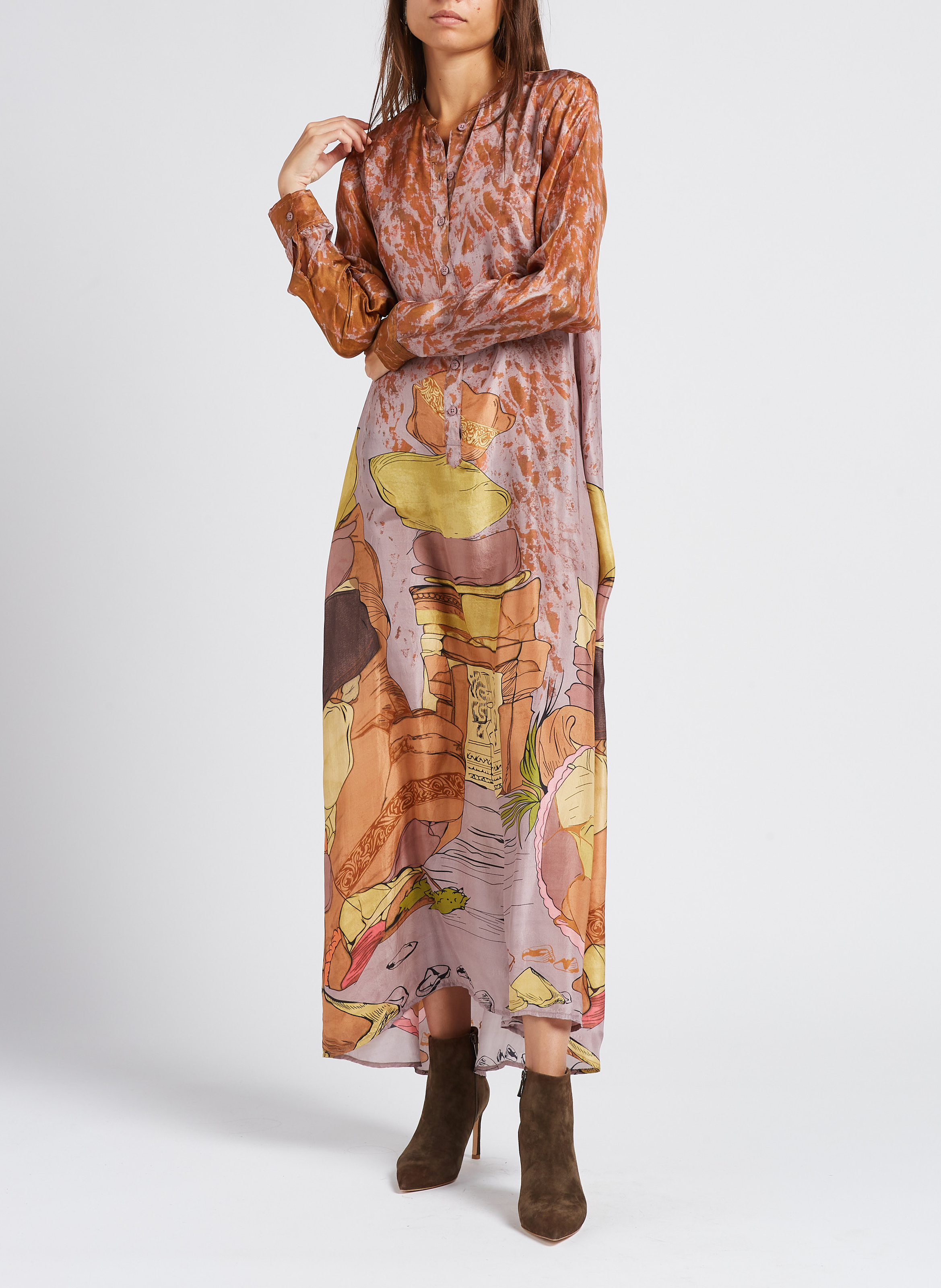 Langes bedrucktes Hemdkleid aus Seide MES DEMOISELLES Rosa