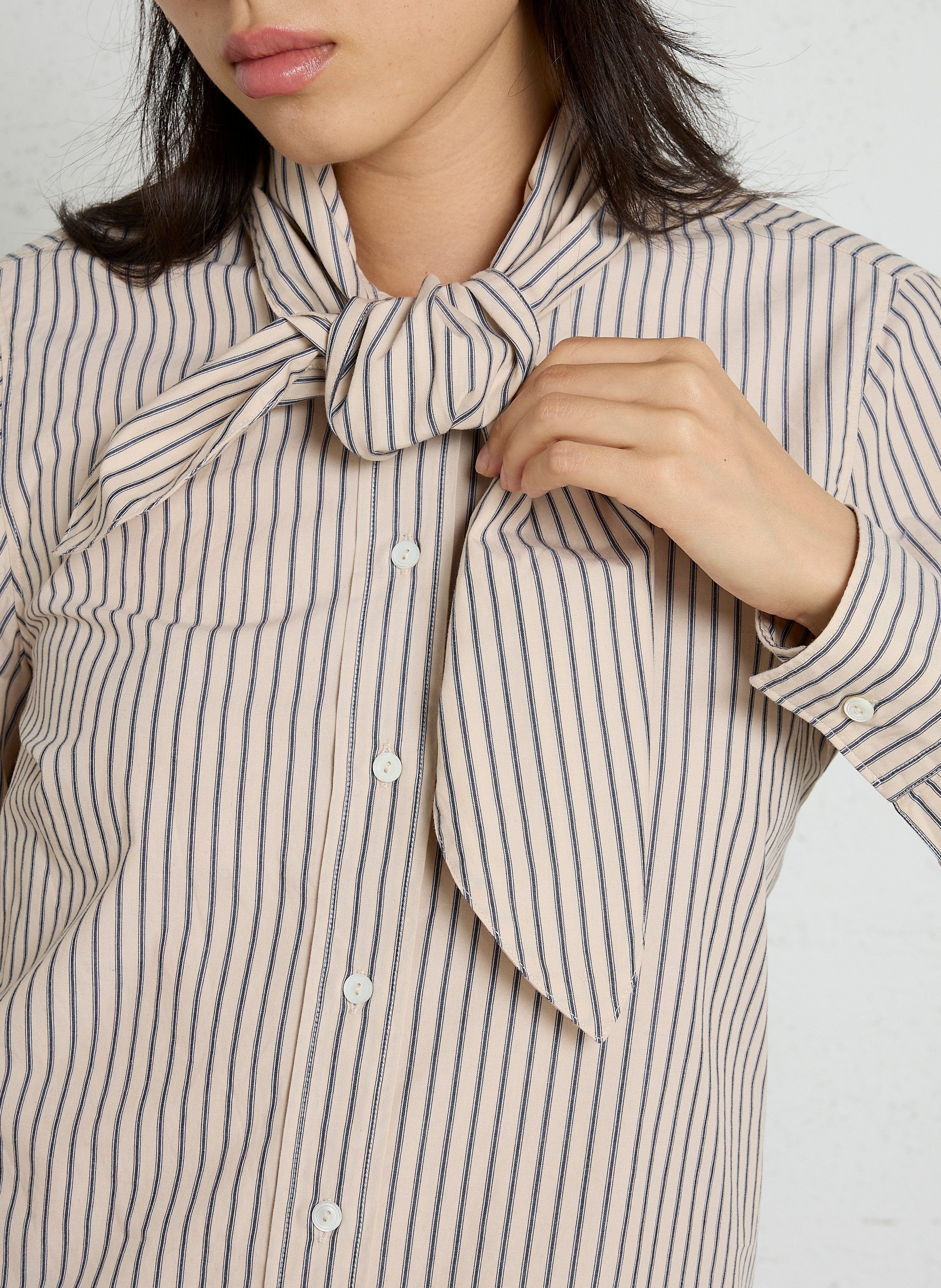 Chemise droite col lavallière rayée en coton bio DIEGA Beige