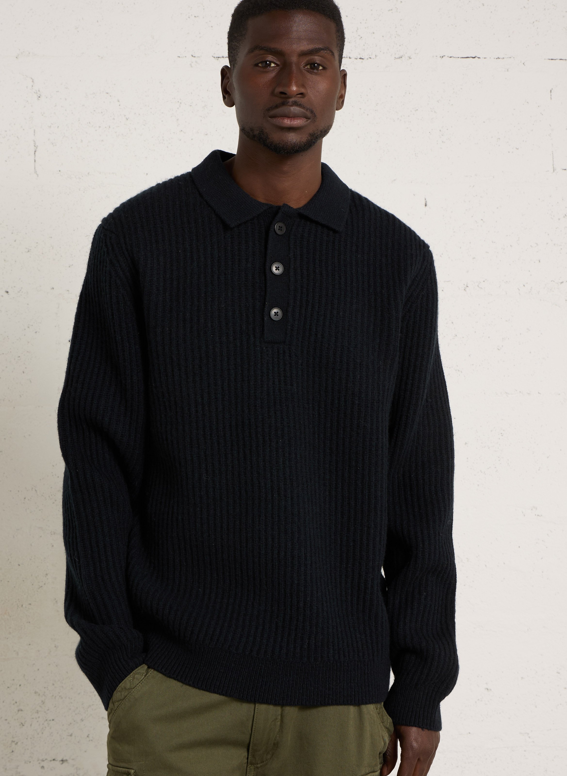 Pull droit à col boutonné en laine mélangée  CASUAL FRIDAY Noir