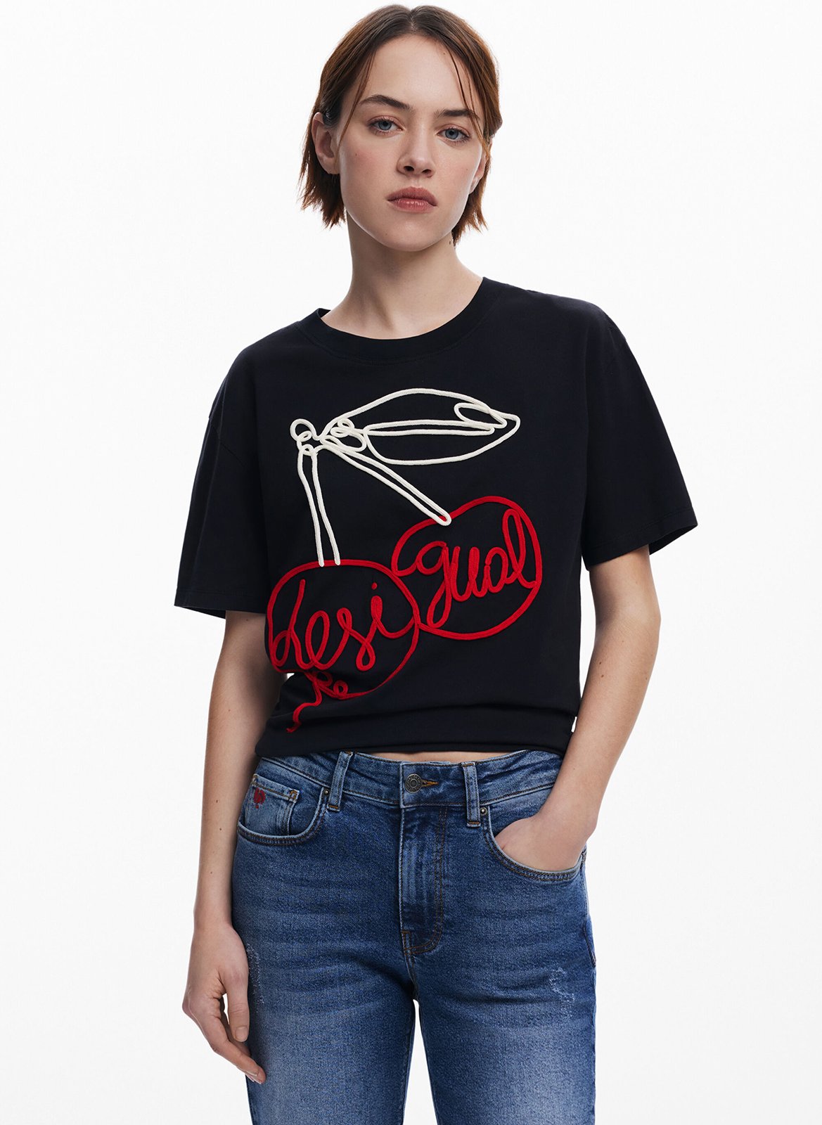 Tee-shirt col rond en coton DESIGUAL Noir