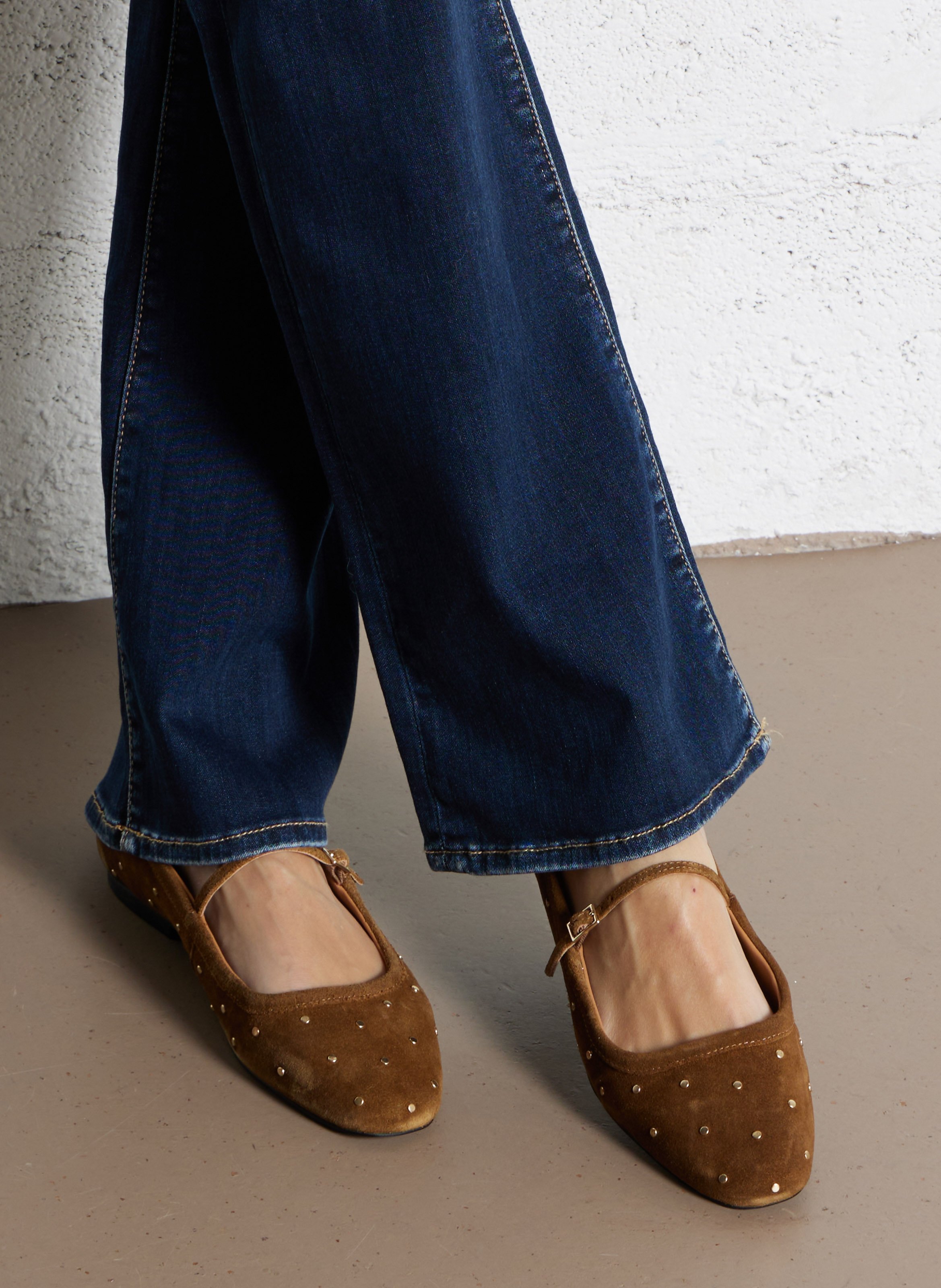 Studded suede leather ballet flats BOCAGE Brown