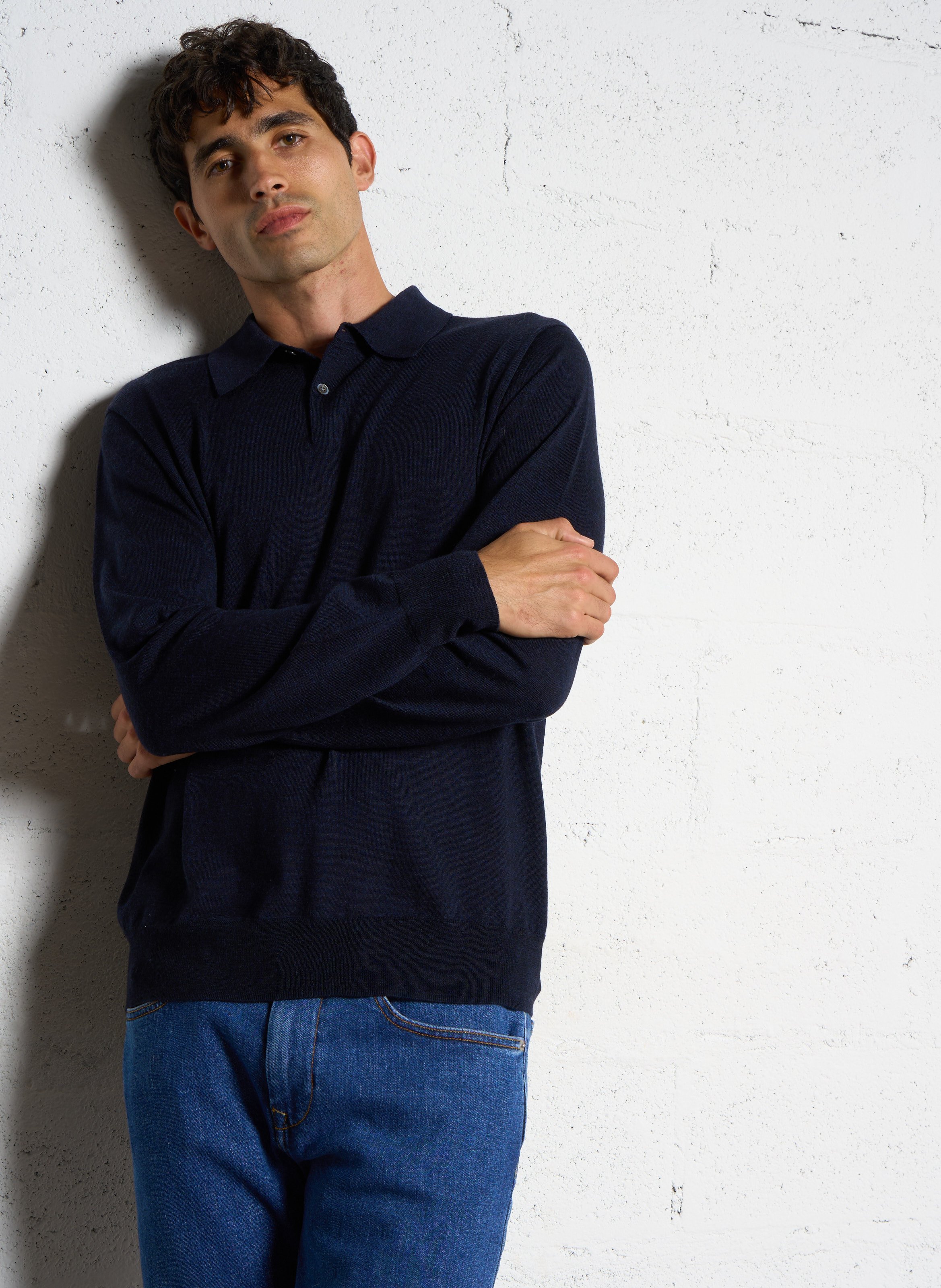 Pull droit col polo en laine HARTFORD Bleu
