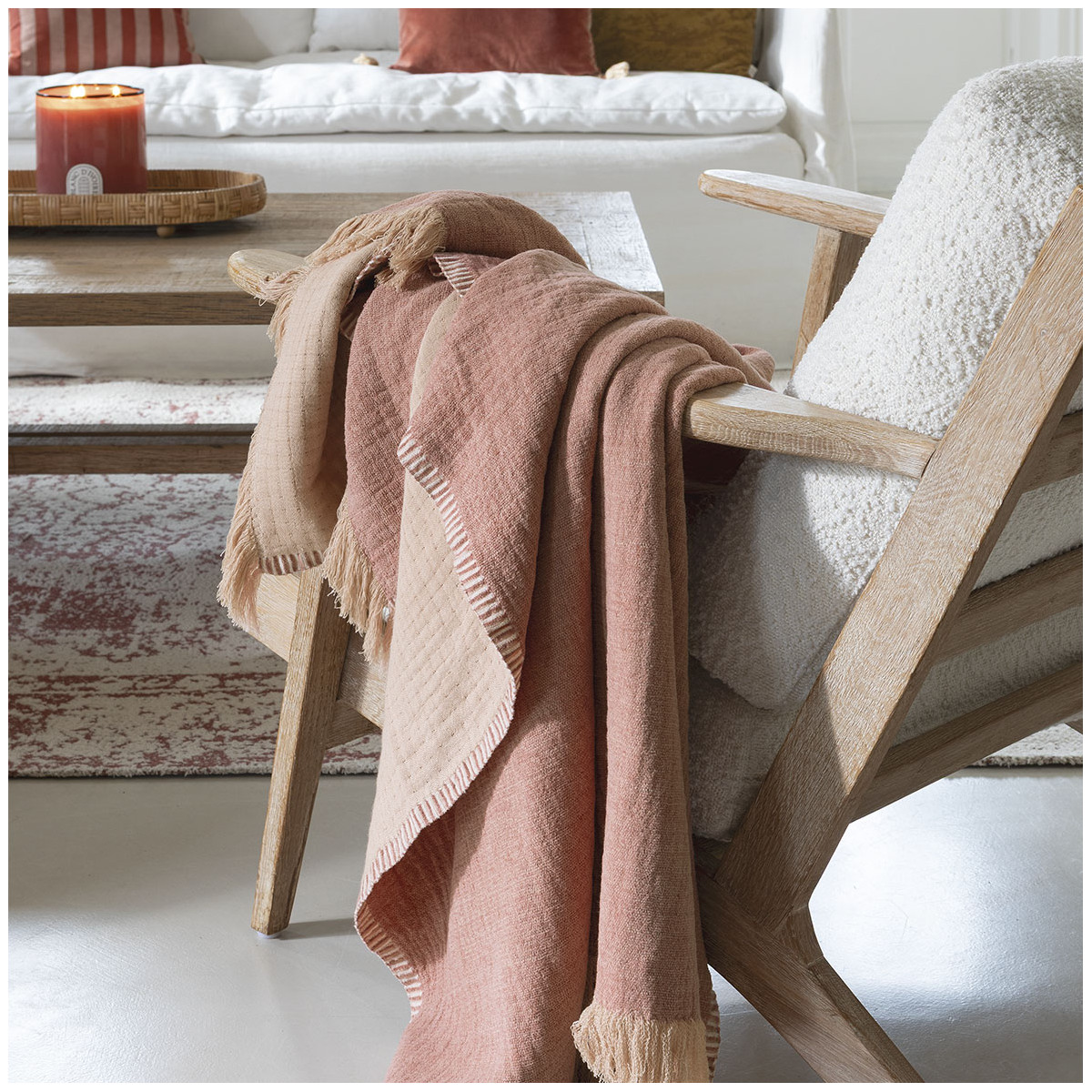 Plaid siméon en coton et fibres de bambou - 130 x 170 cm - rose BLANC D'IVOIRE Rose