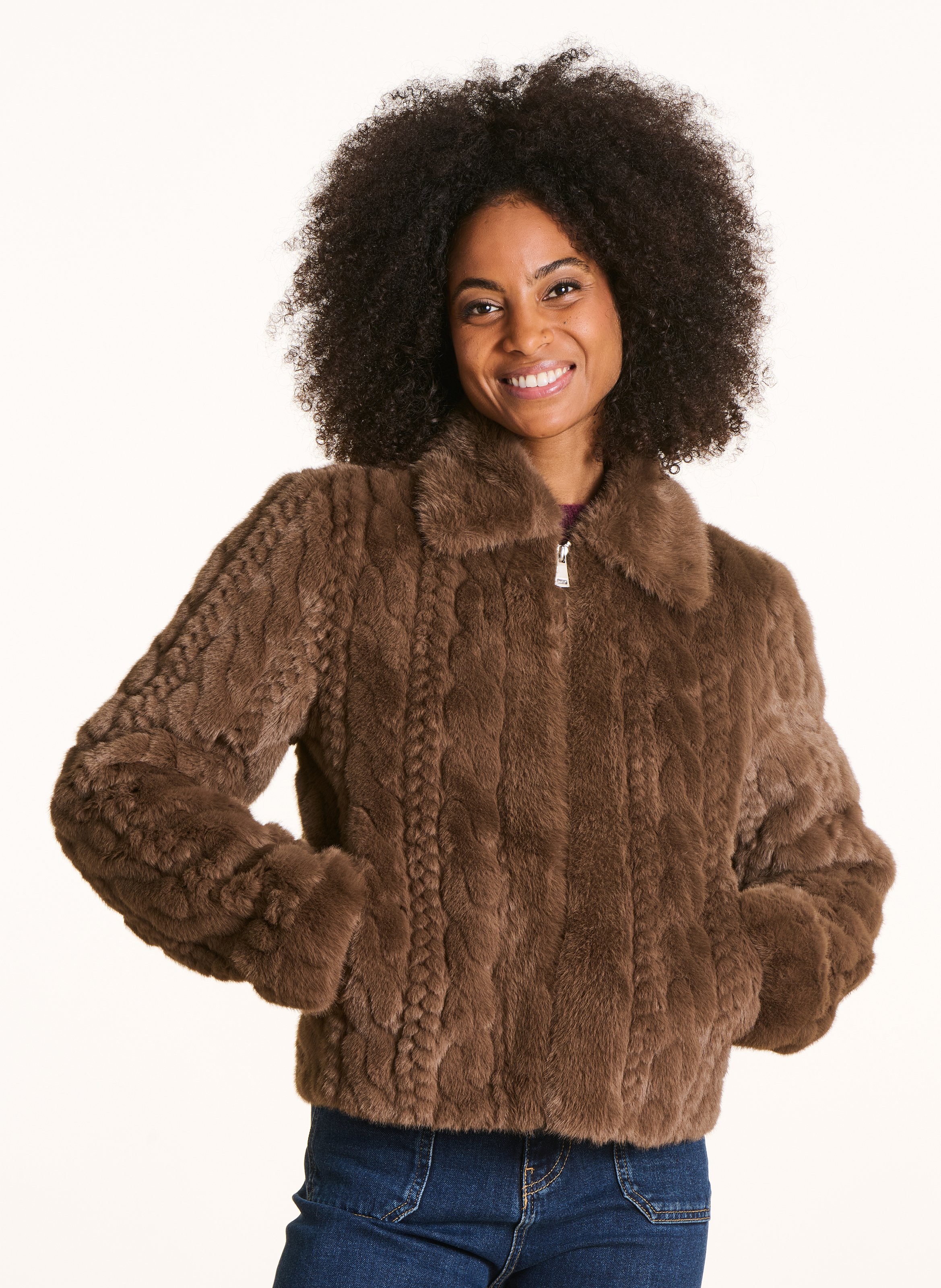 Faux fur jacket with classic collar LA FEE MARABOUTEE Brown