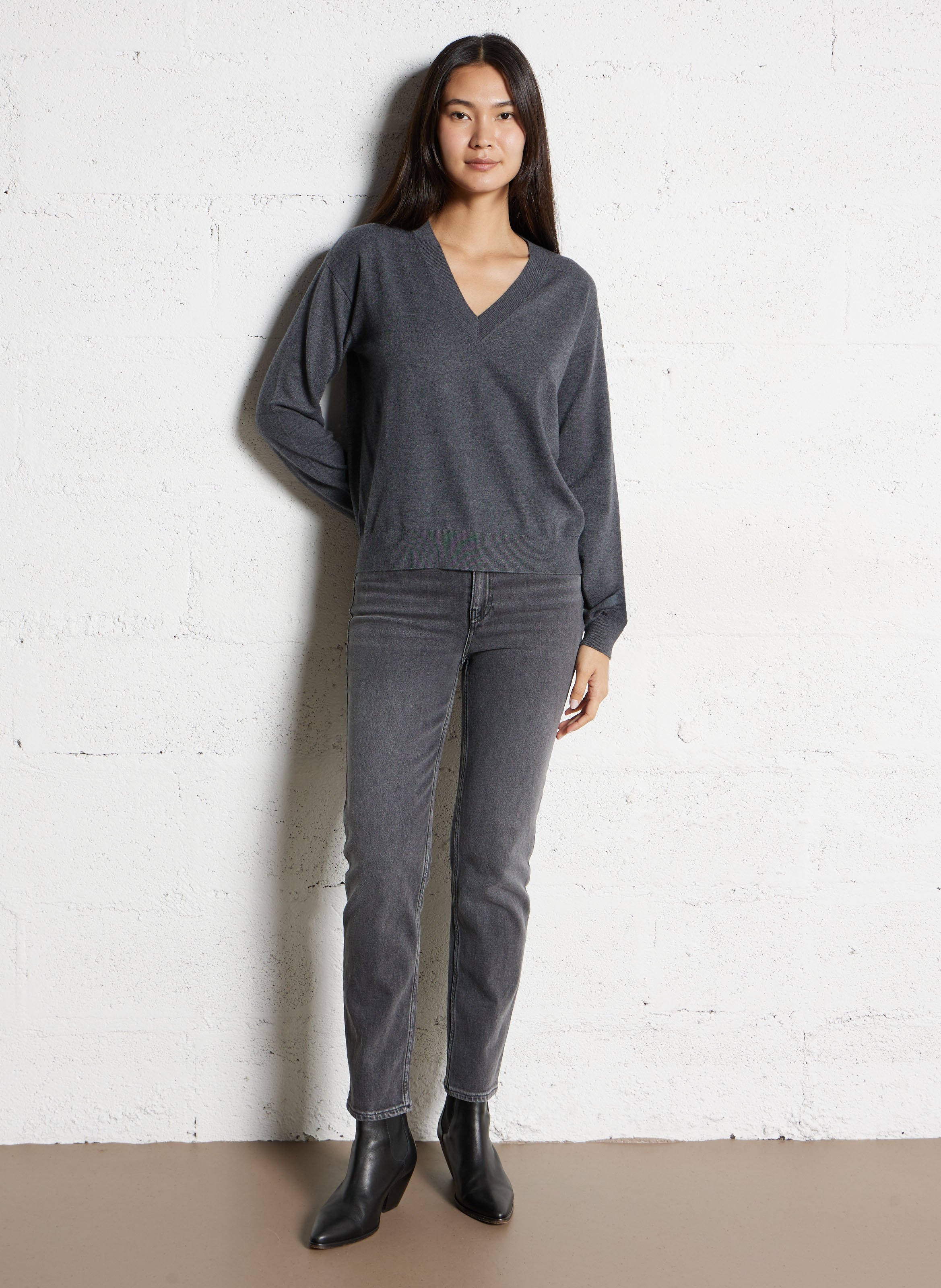 Pull droit col V en maille mélangée MAISON 123 Gris