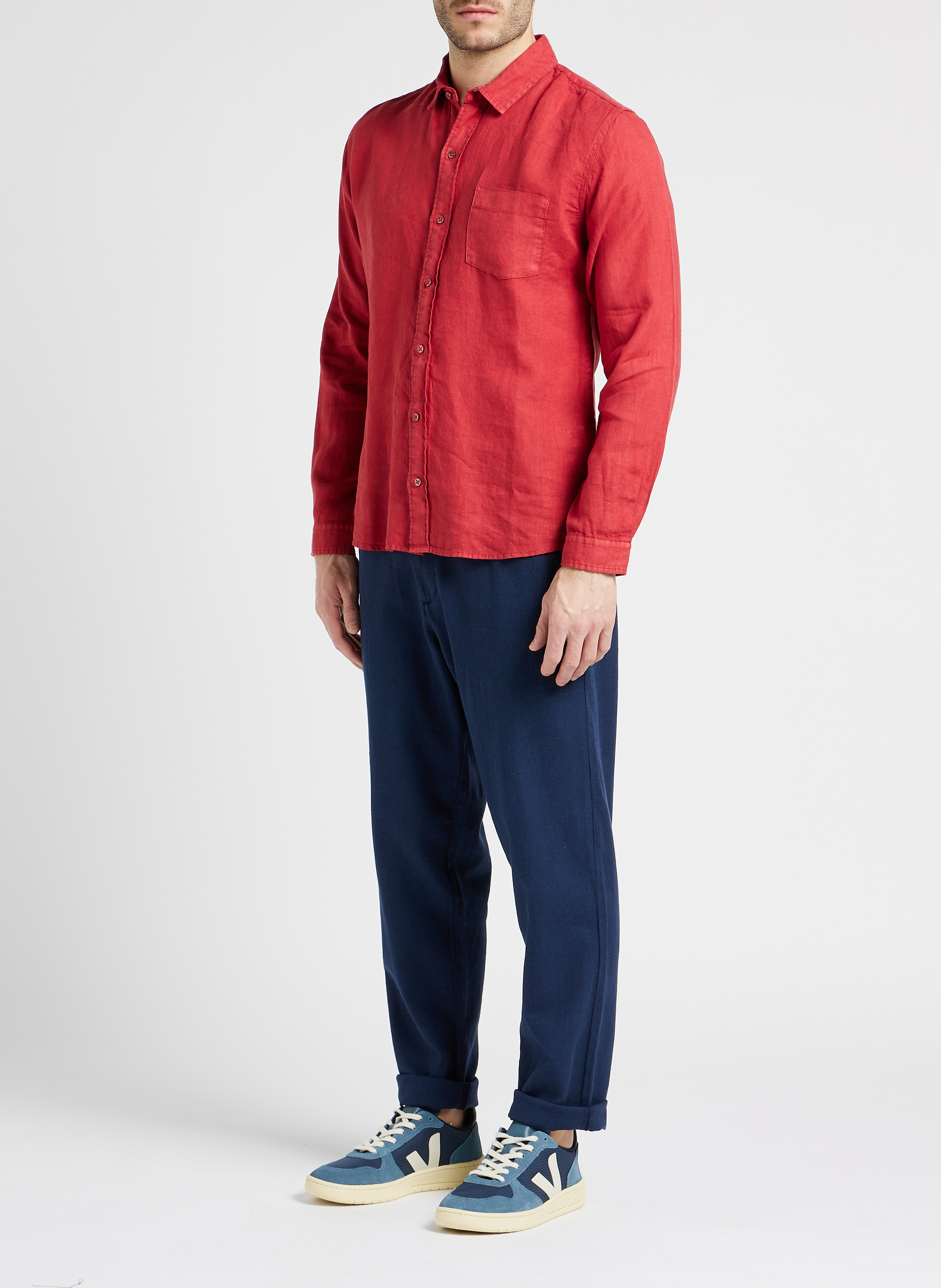 Pantalon droit en coton bio et lin stretch SELECTED Bleu