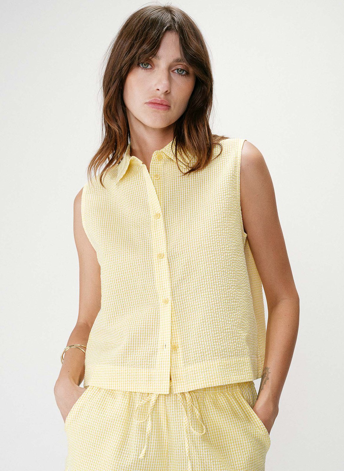 Chemise col classique manches contrastantes en coton GRACE ET MILA Yellow
