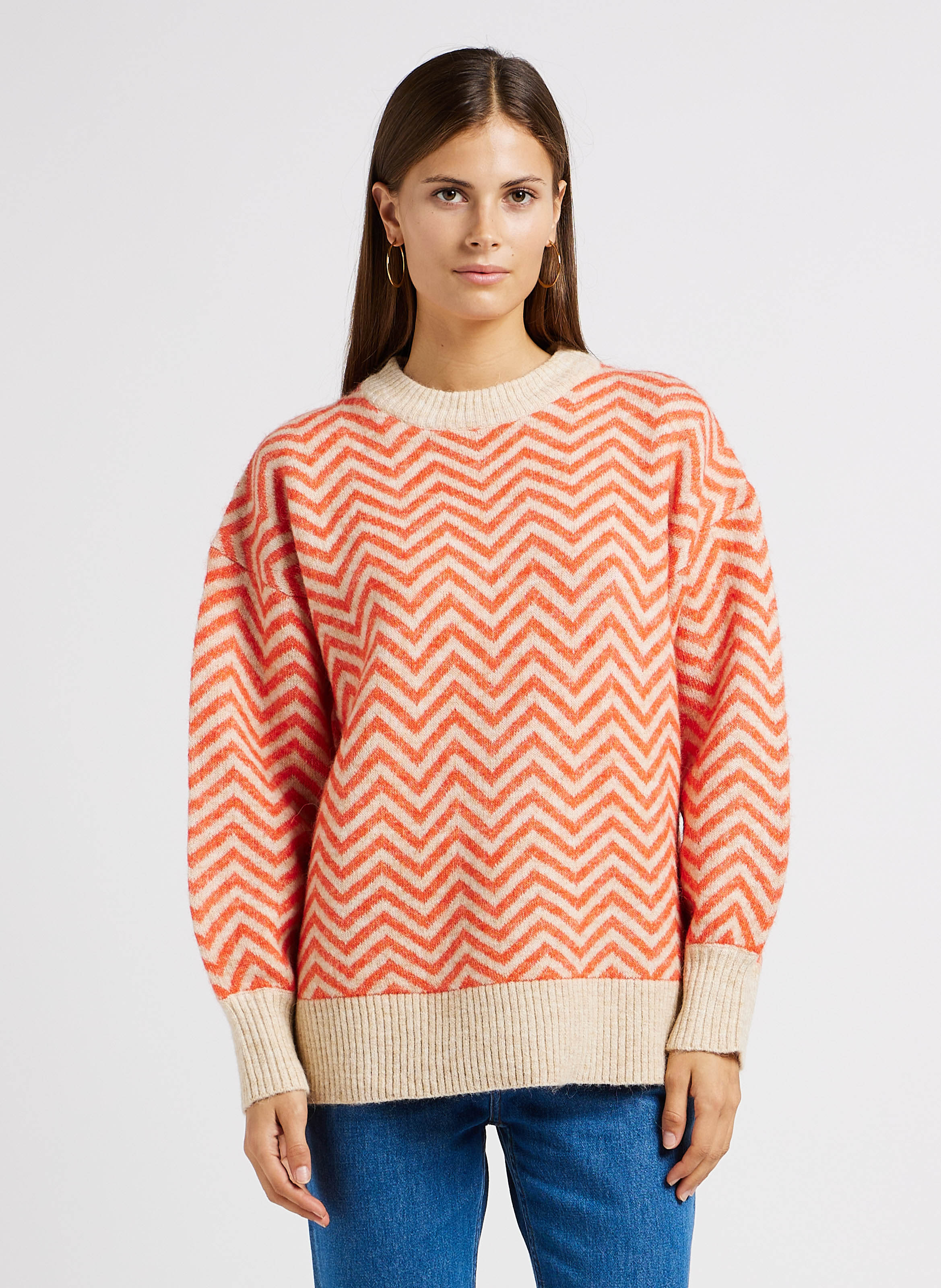 Loose-fit Mixed-knit Round-neck Sweater With Zigzag Pattern