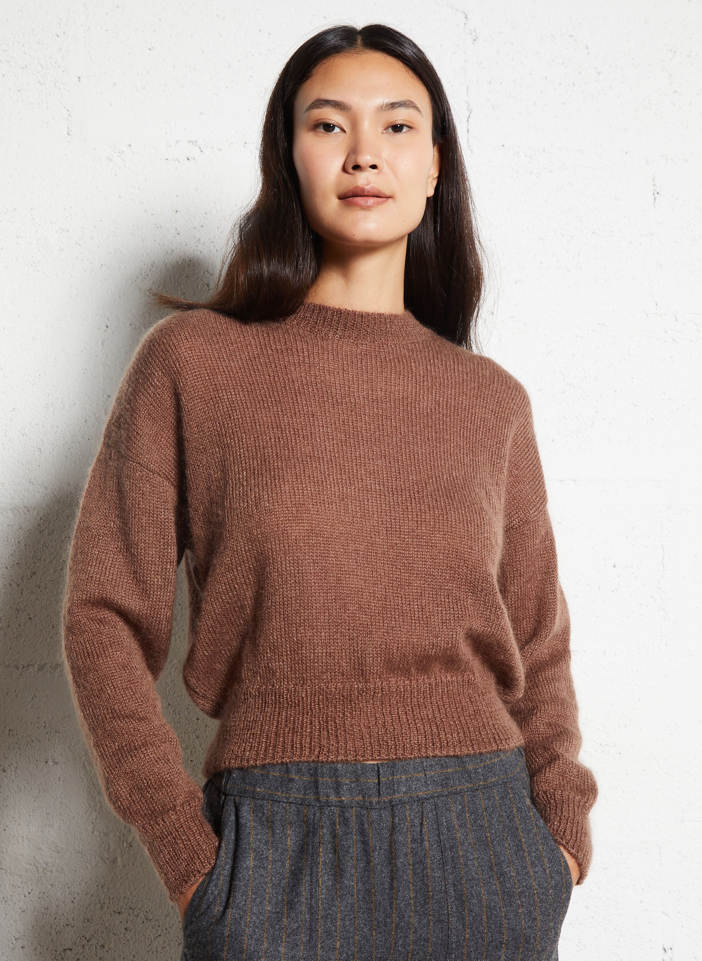 Pull droit col rond en mohair mélangé MASSCOB Marron