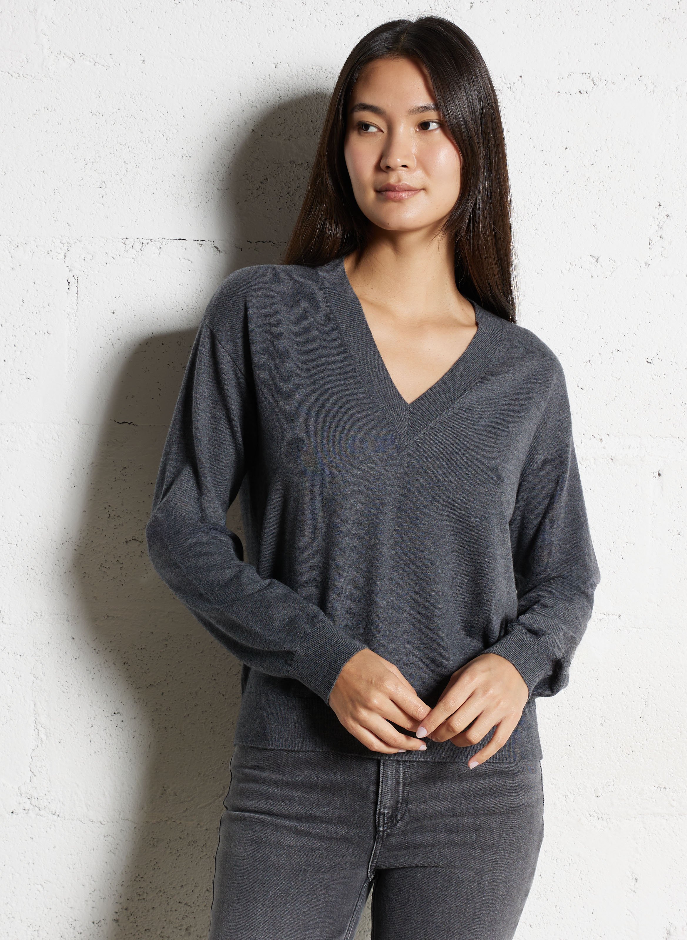 Pull droit col V en maille mélangée MAISON 123 Gris