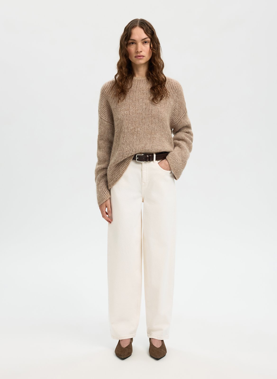 Straight-leg organic cotton-blend pants SELECTED Beige