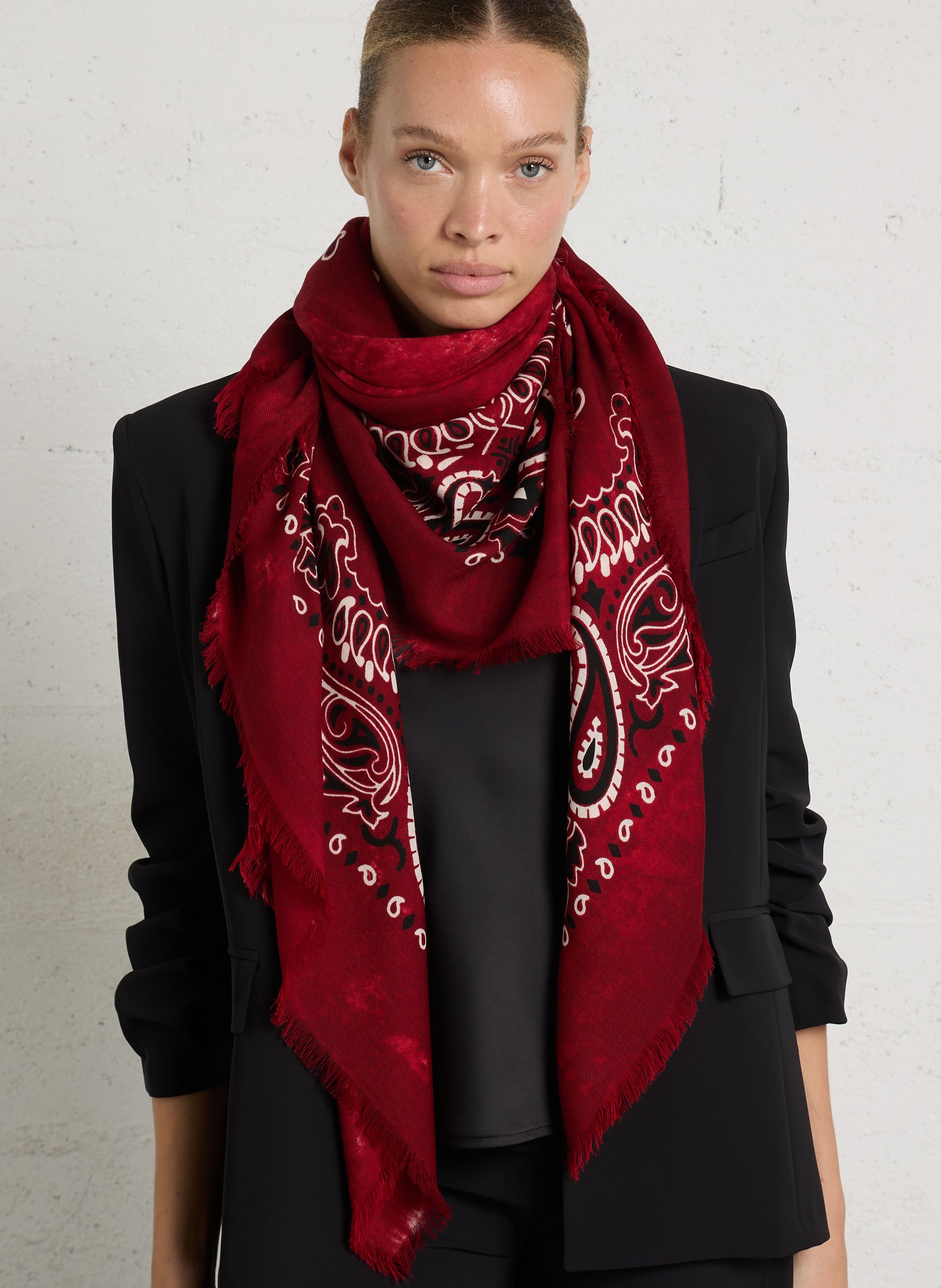 Printed wool scarf with fringes DESTIN Red