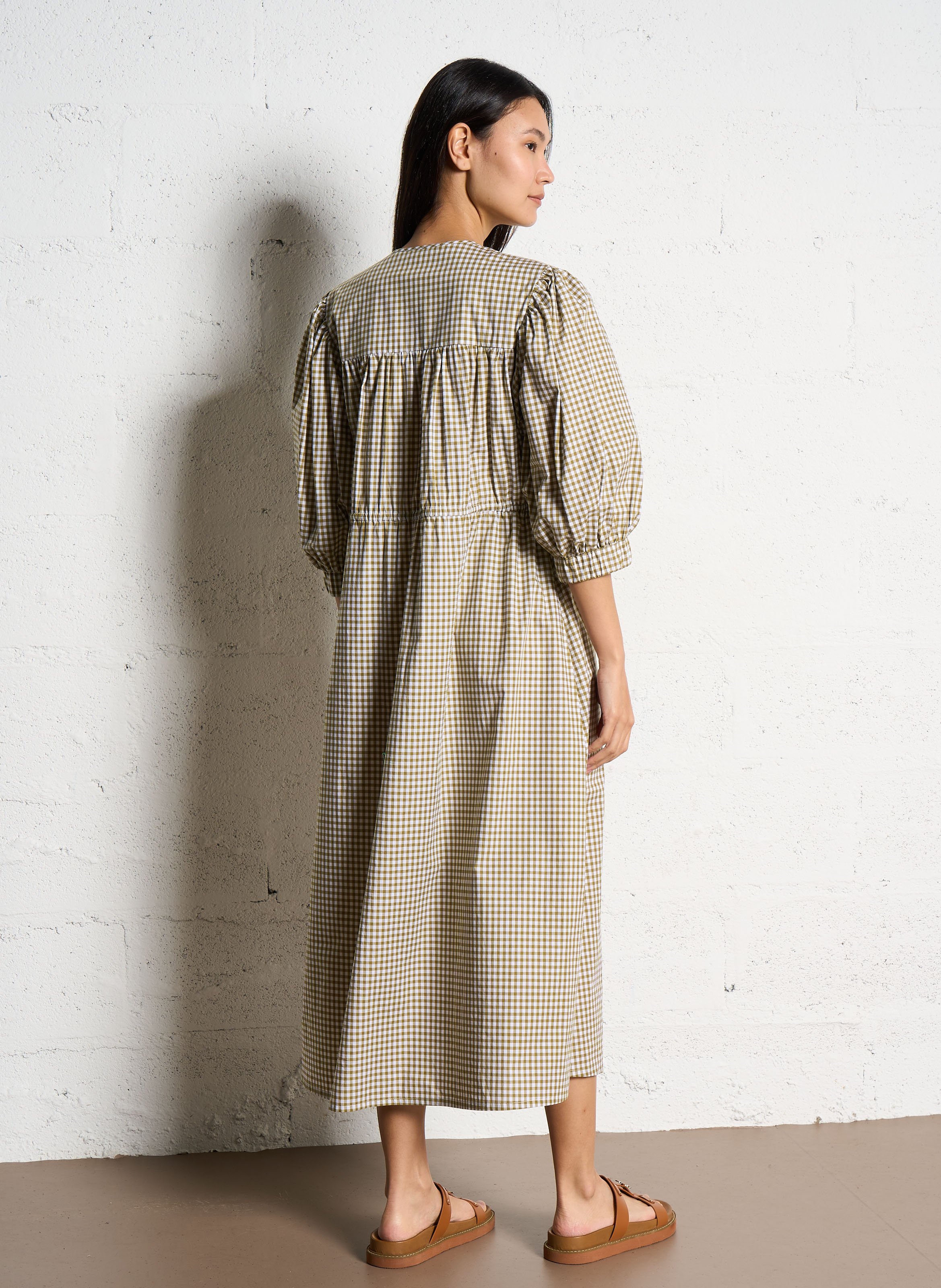 Lange jurk met ruitjes in katoenen popeline SUZIE WINKLE Kaki