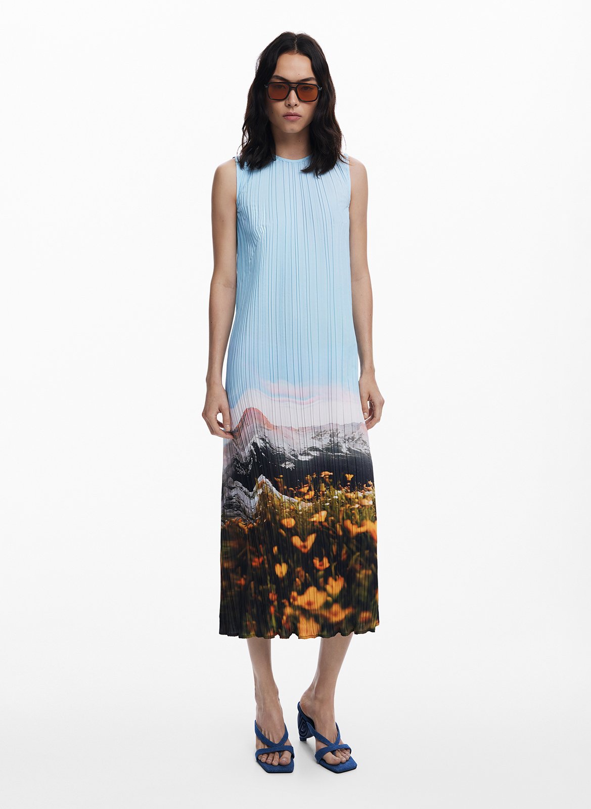 Robe midi imprimée plissée DESIGUAL Bleu