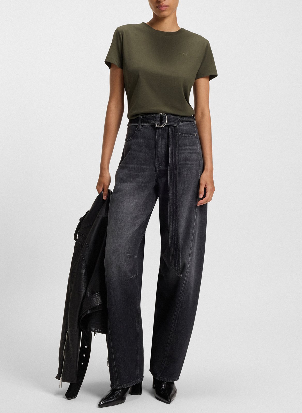 Tee-shirt droit col rond brodé en laine vierge BOSS Vert