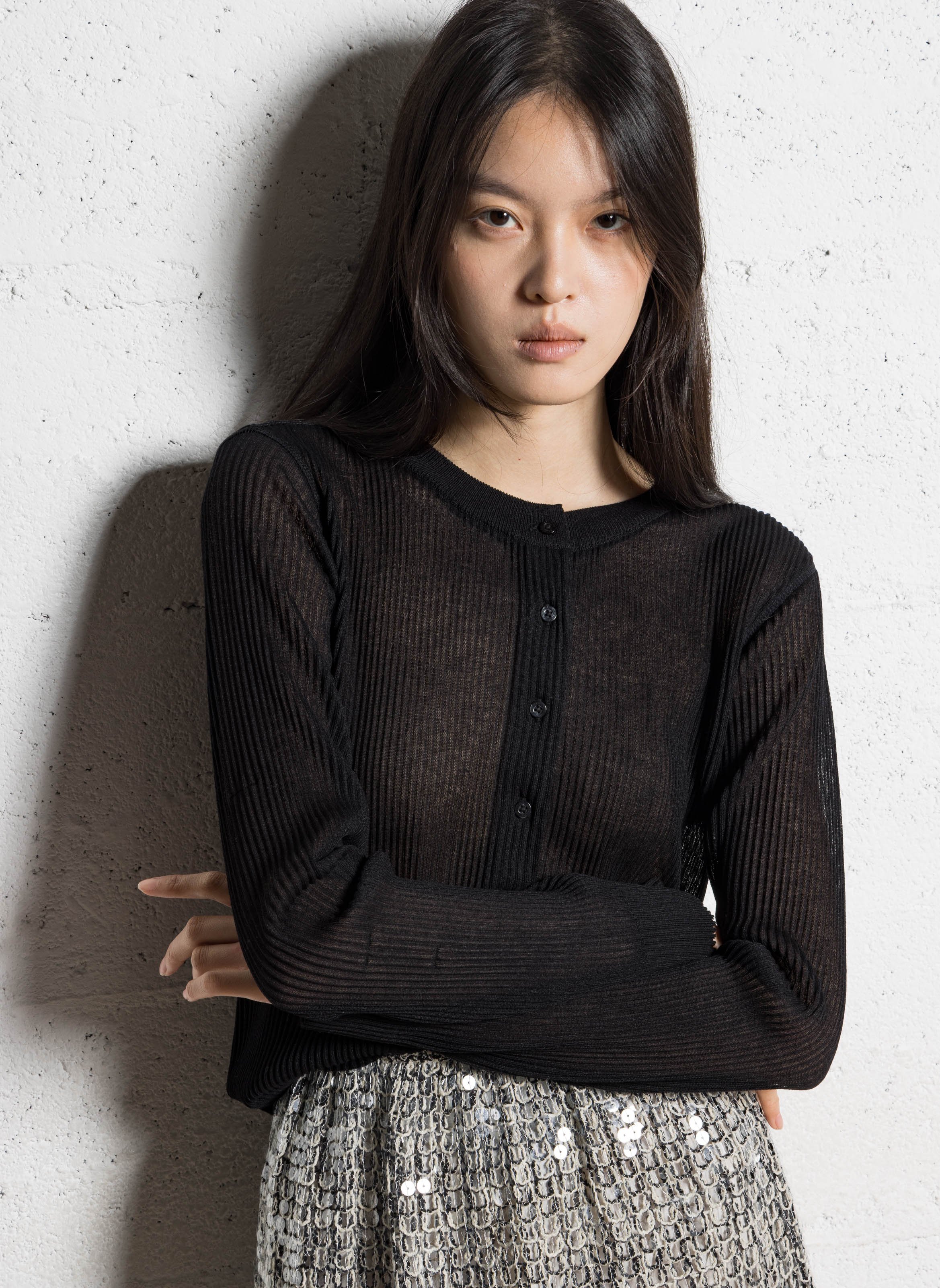 Round neck pleated straight cardigan IKKS Black