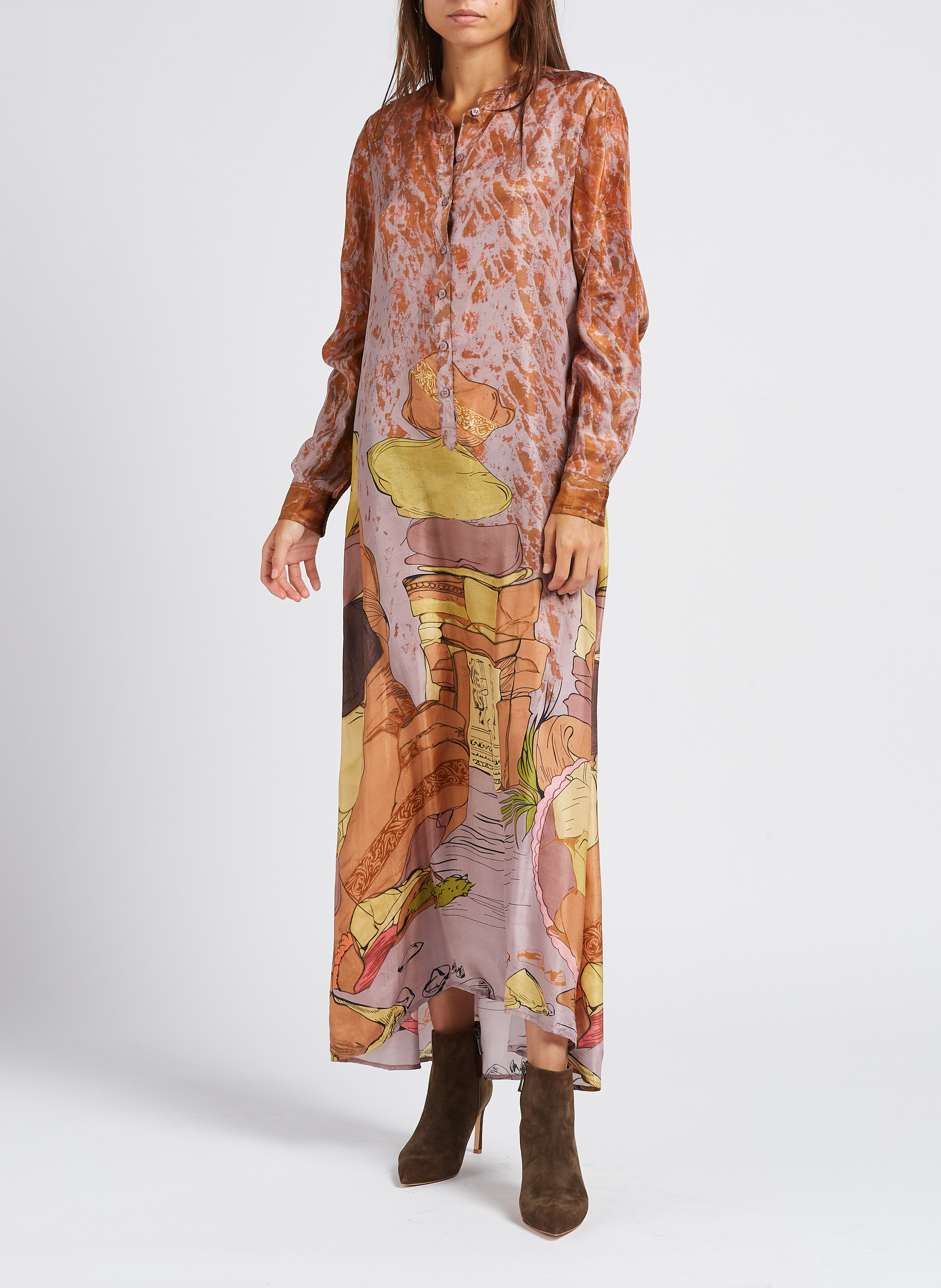 Langes bedrucktes Hemdkleid aus Seide MES DEMOISELLES Rosa