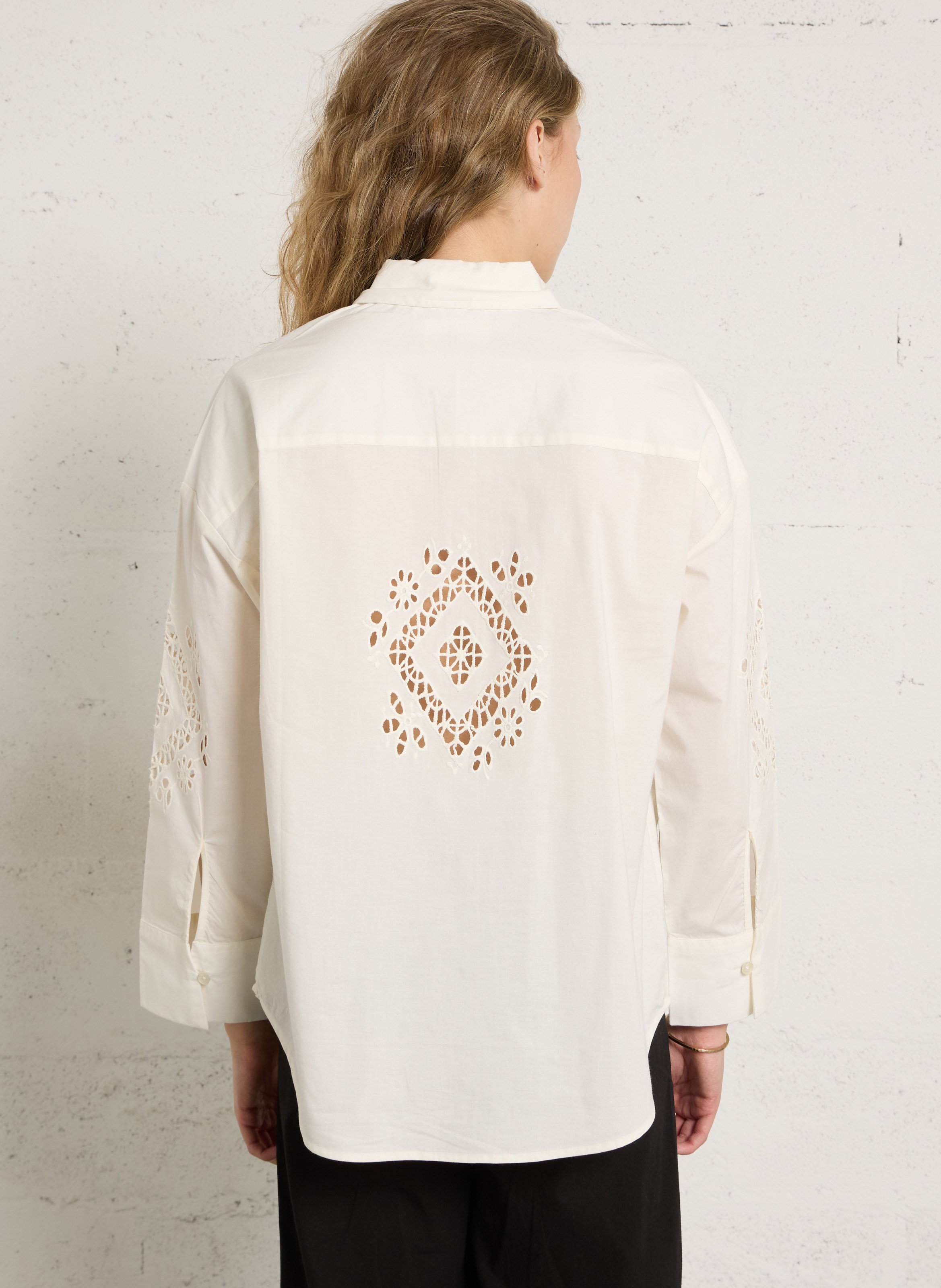 Oversized shirt with classic collar and English embroidery in cotton DES PETITS HAUTS Beige
