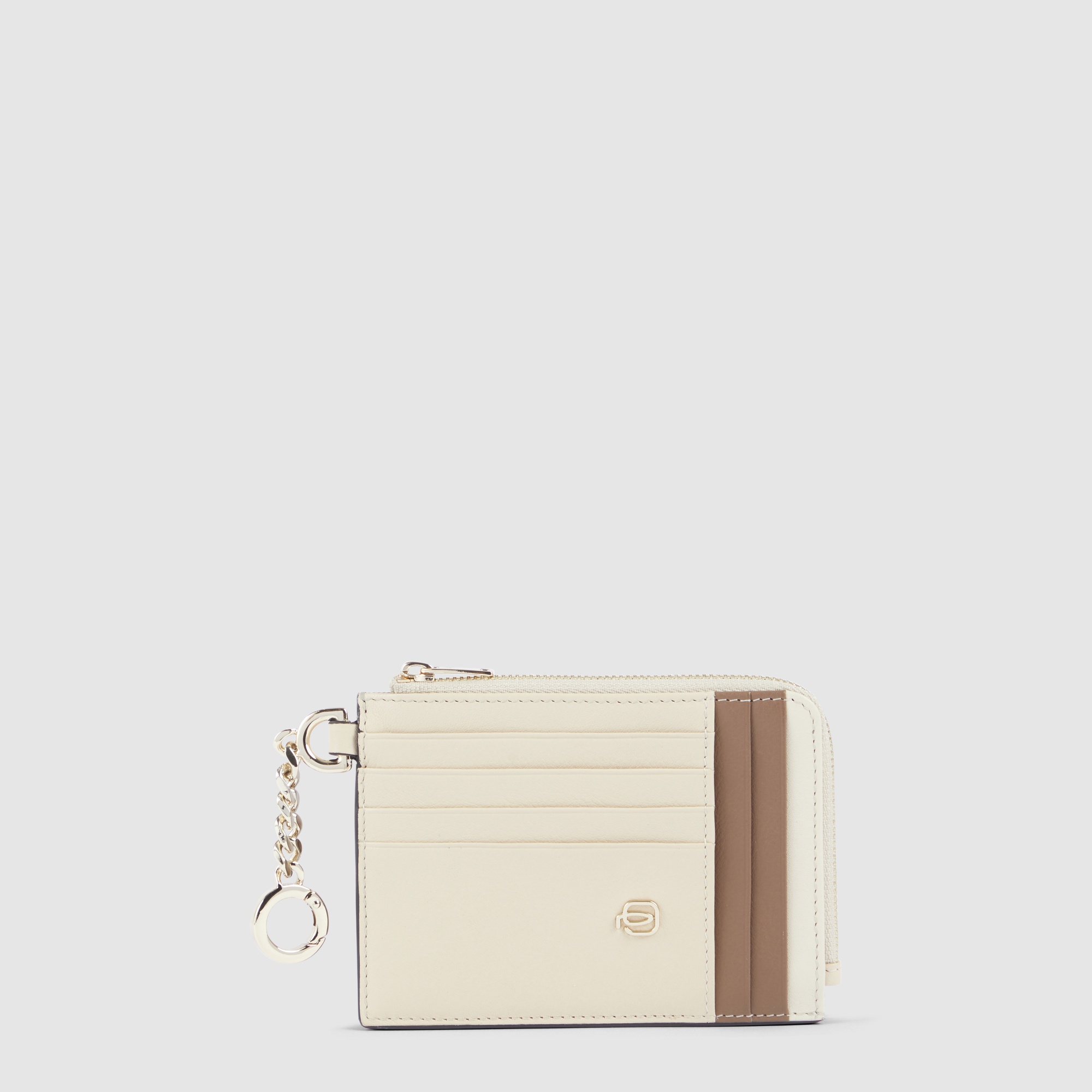 Women's leather credit card holder with keychain, coin purse, and RFID protection Beige