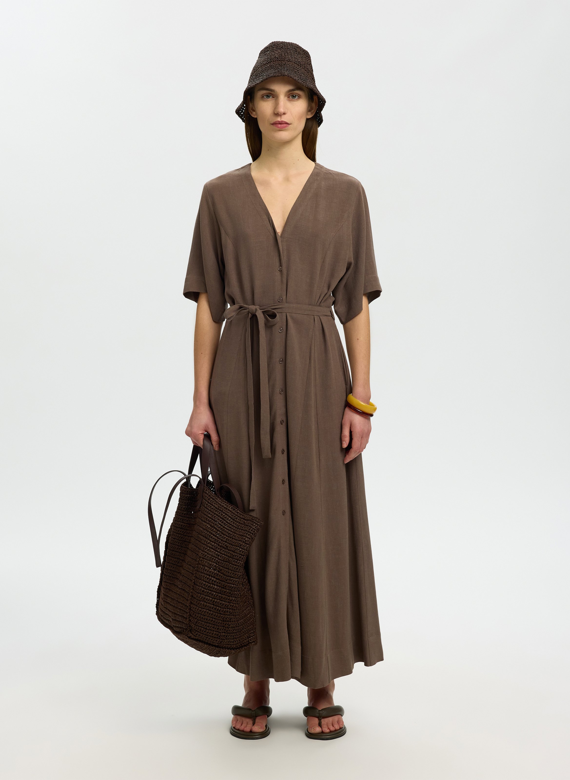 Robe longue col V SELECTED Marron