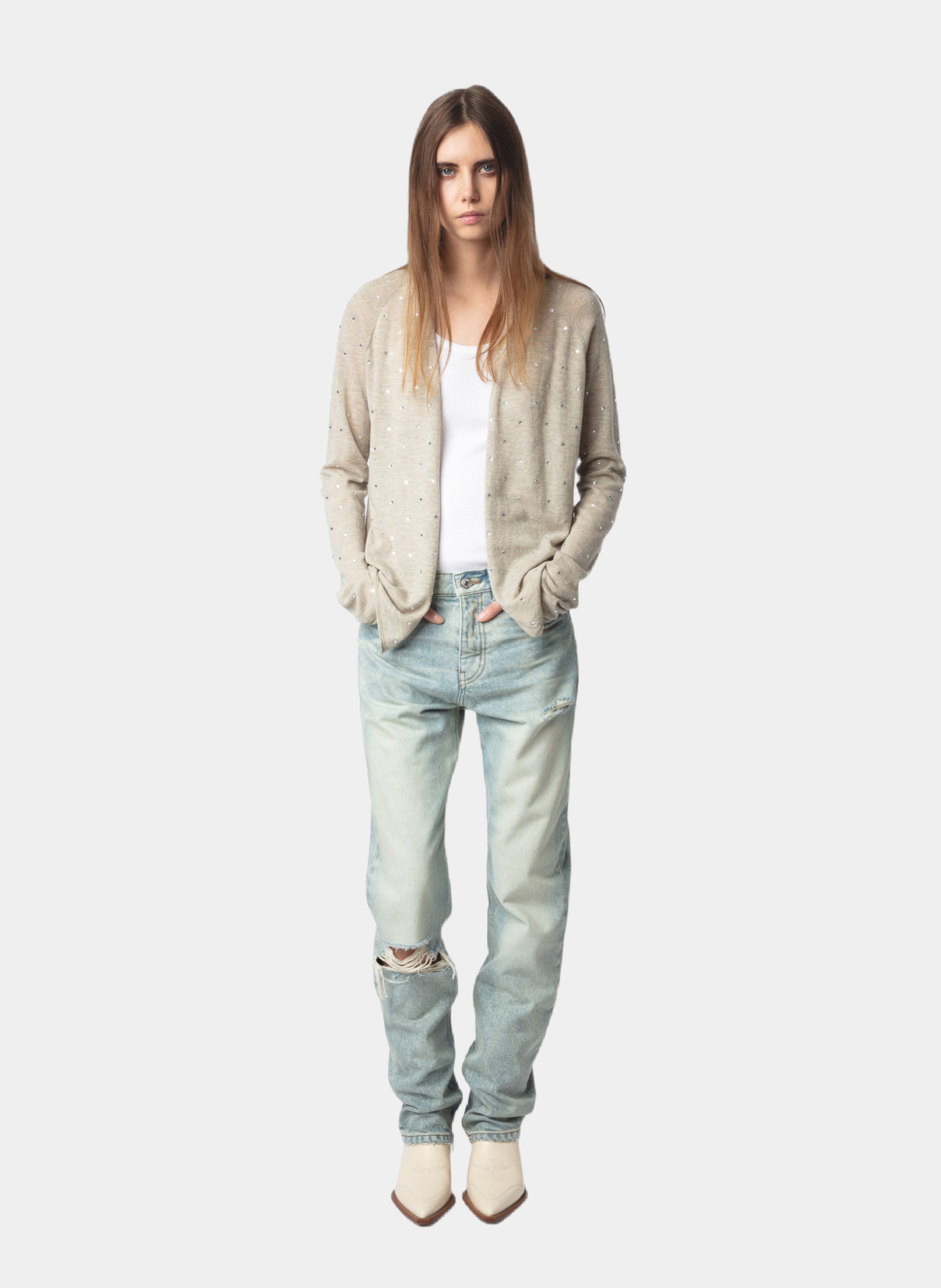 Cardigan à strass en cachemire ZADIG&VOLTAIRE Beige