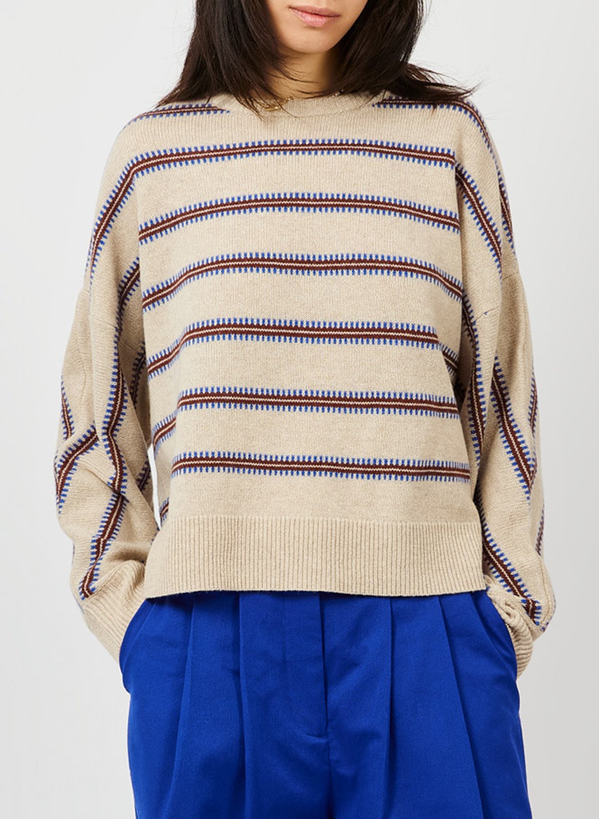 Pull ample col rond rayé A.P Beige