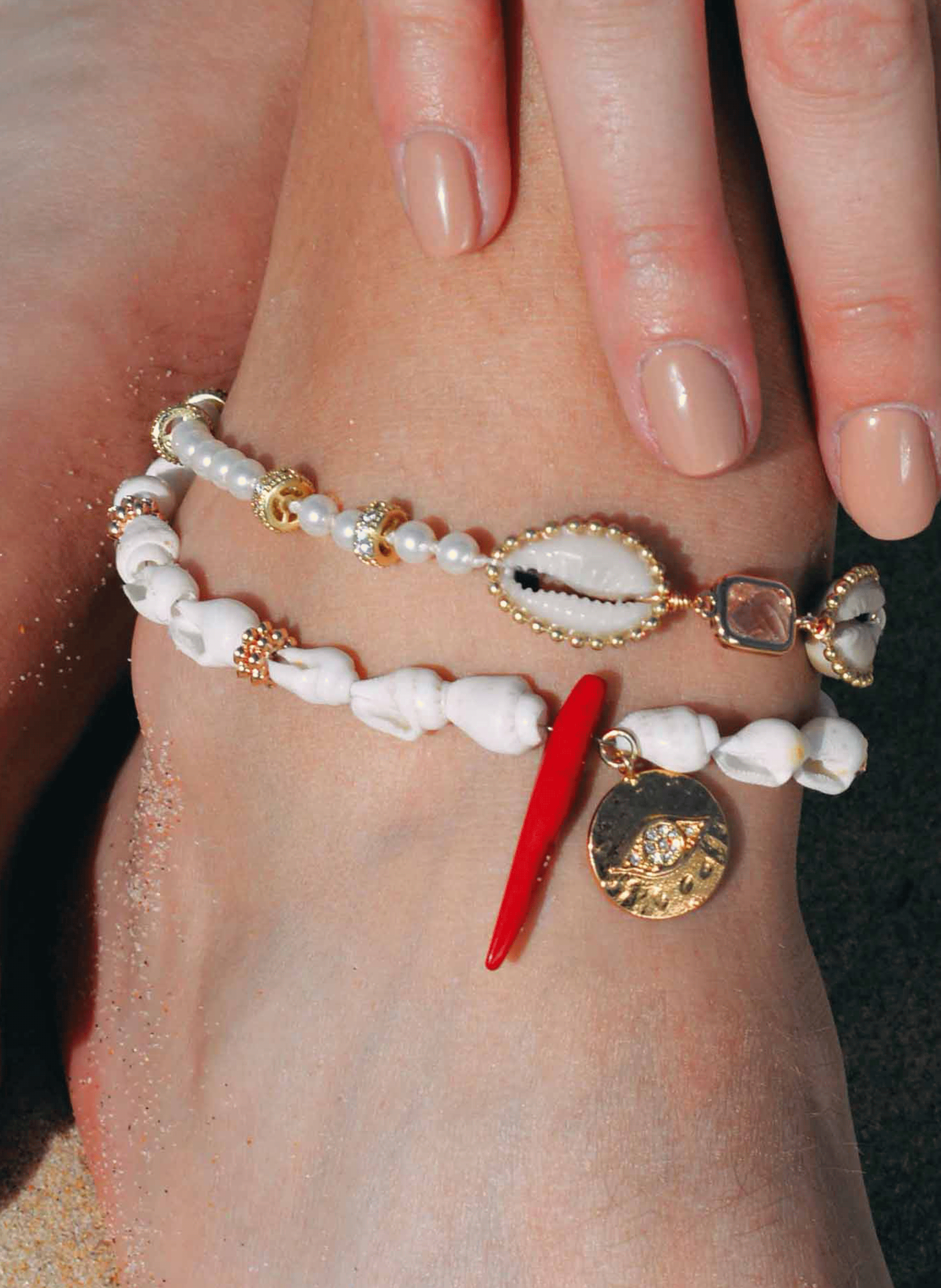Adjustable anklet with beads and seashells HIPANEMA White