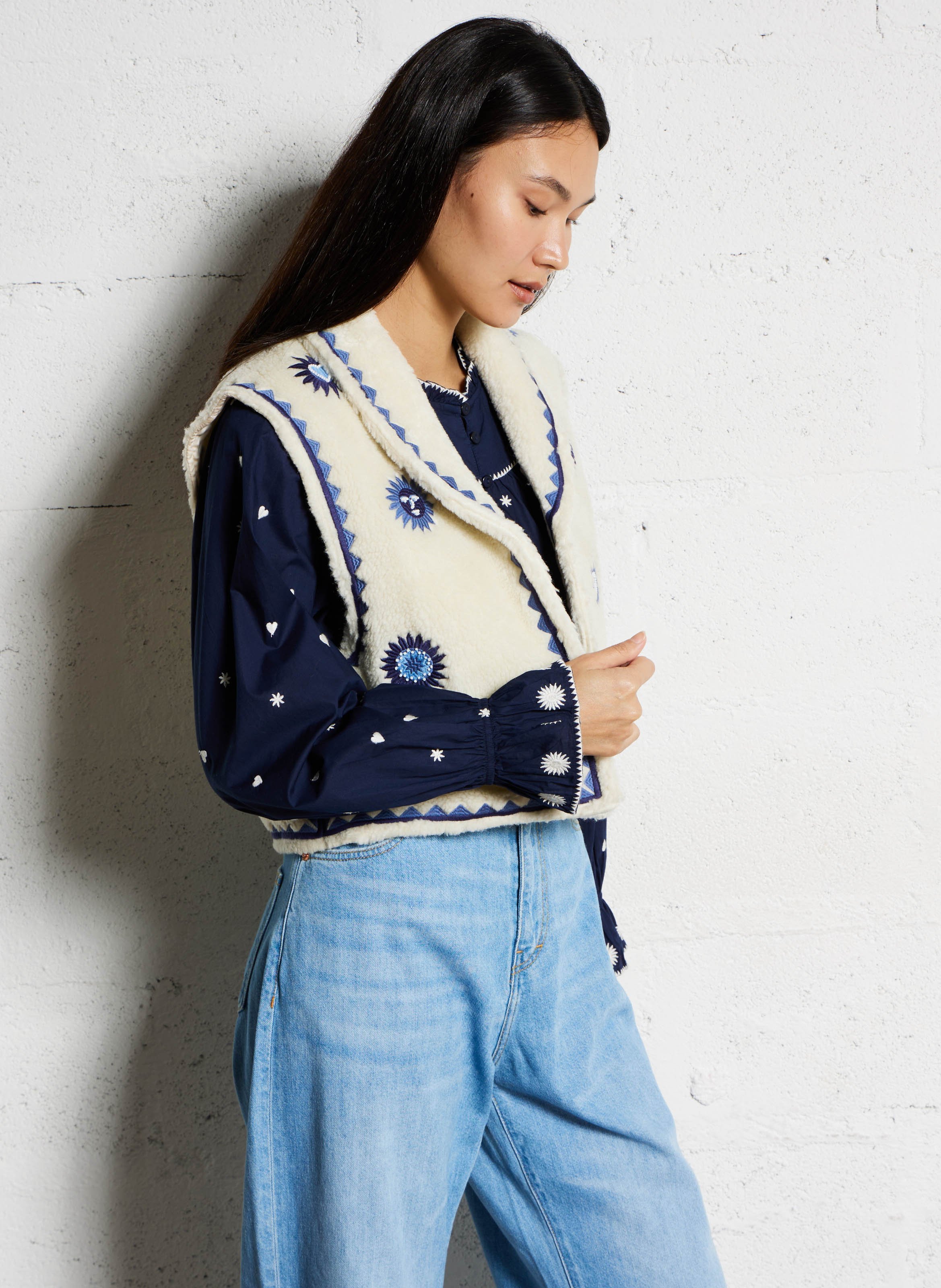 Weites besticktes Bio-Baumwolltop FABIENNE CHAPOT Blau
