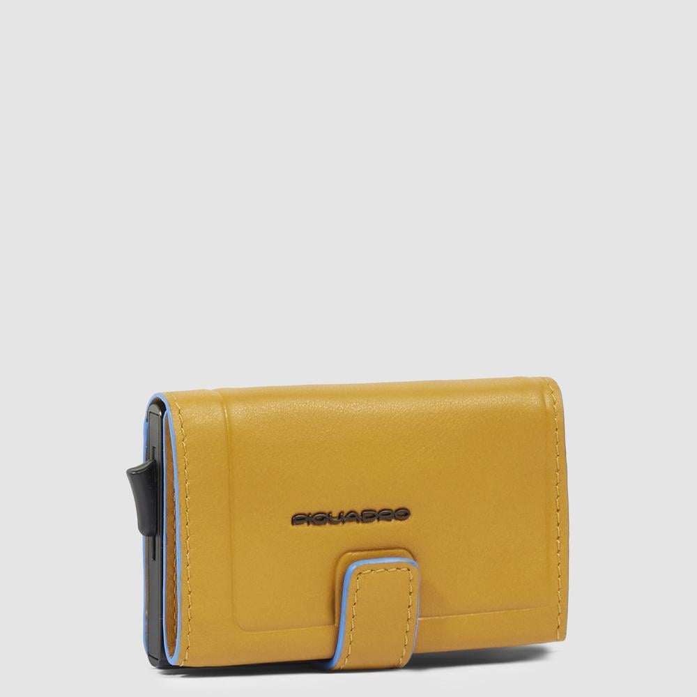 Automatic flap card holder in leather and metal with RFID protection PIQUADRO Yellow