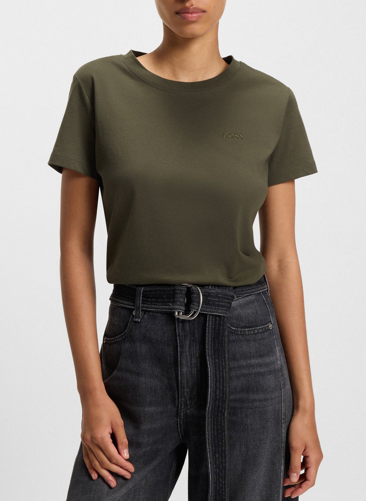 Tee-shirt droit col rond brodé en laine vierge BOSS