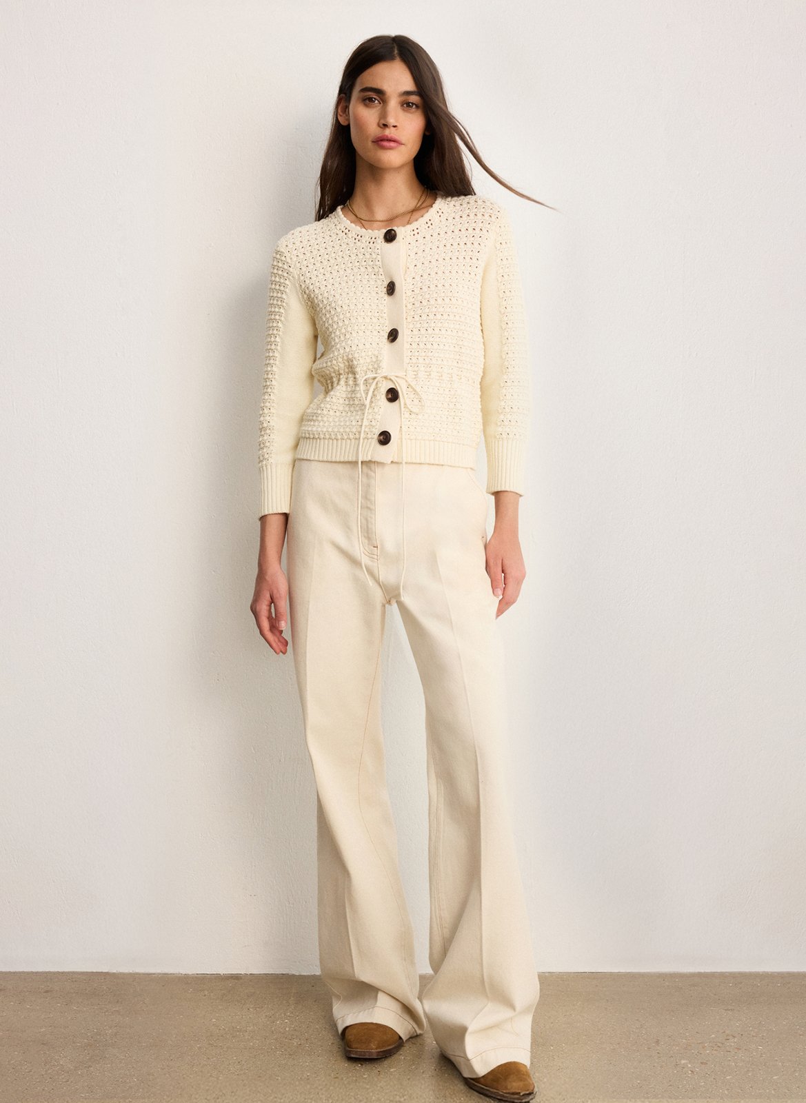 Baumwoll-Strickjacke mit Rundhalsausschnitt PABLO Beige