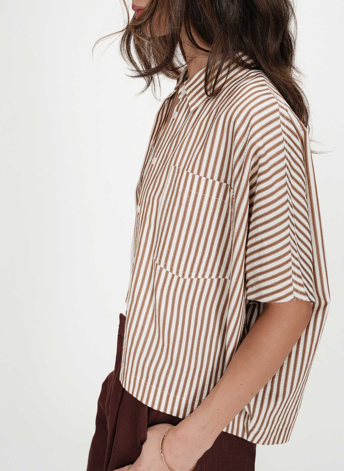 Chemise col classique en coton mélangé GRACE ET MILA Marron