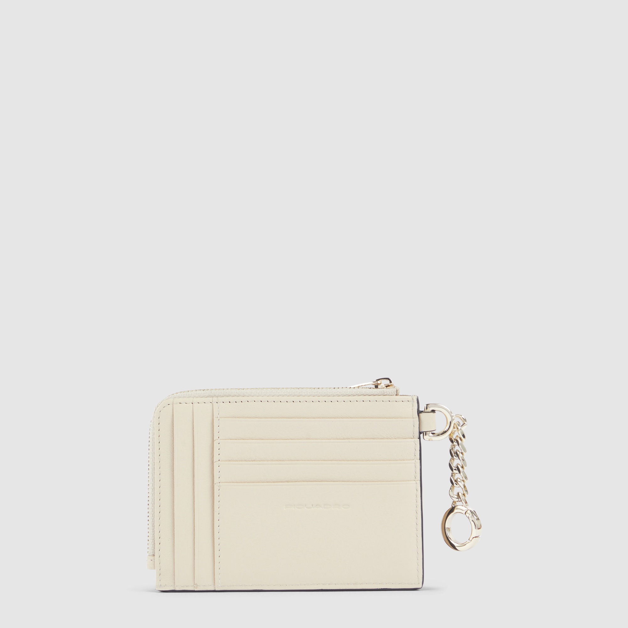 Women's leather credit card holder with keychain, coin purse, and RFID protection Beige