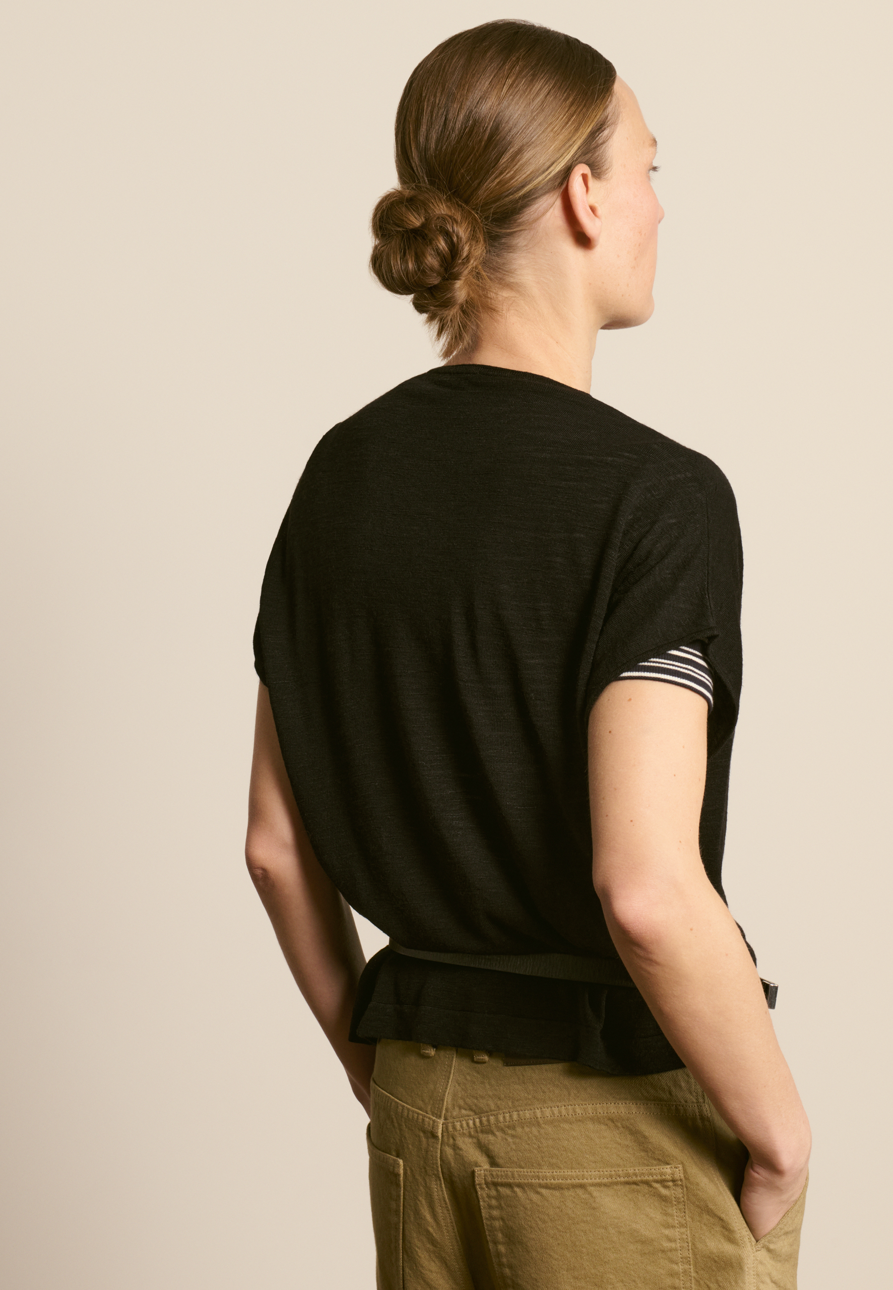 T-shirt col v en lin flammé MAISON MONTAGUT Noir