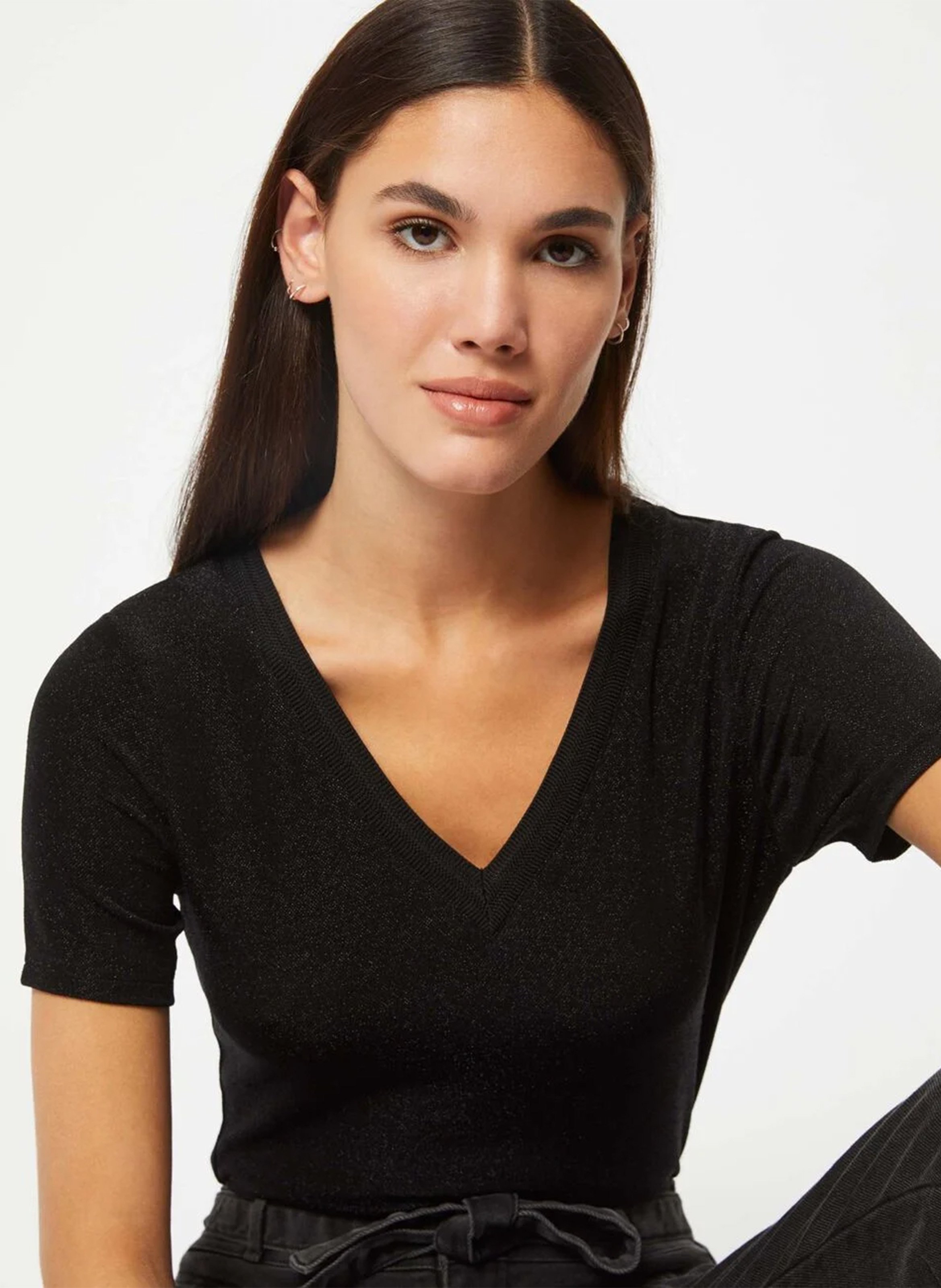 T-Shirt mit V-Ausschnitt und Metallic-Effekt MORGAN Schwarz