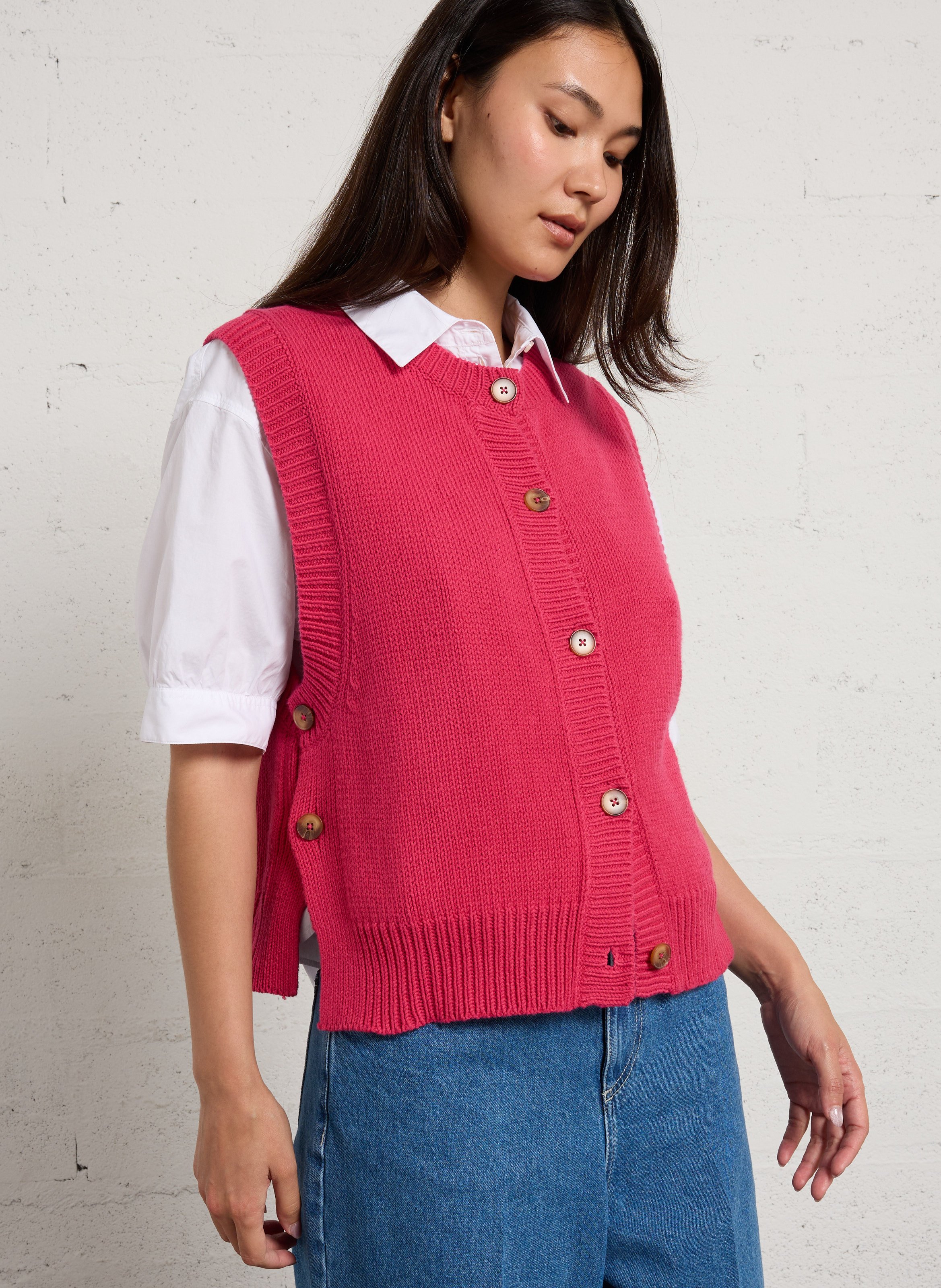 Ärmellose einfarbige Baumwoll-Strickjacke BELLA JONES Rosa